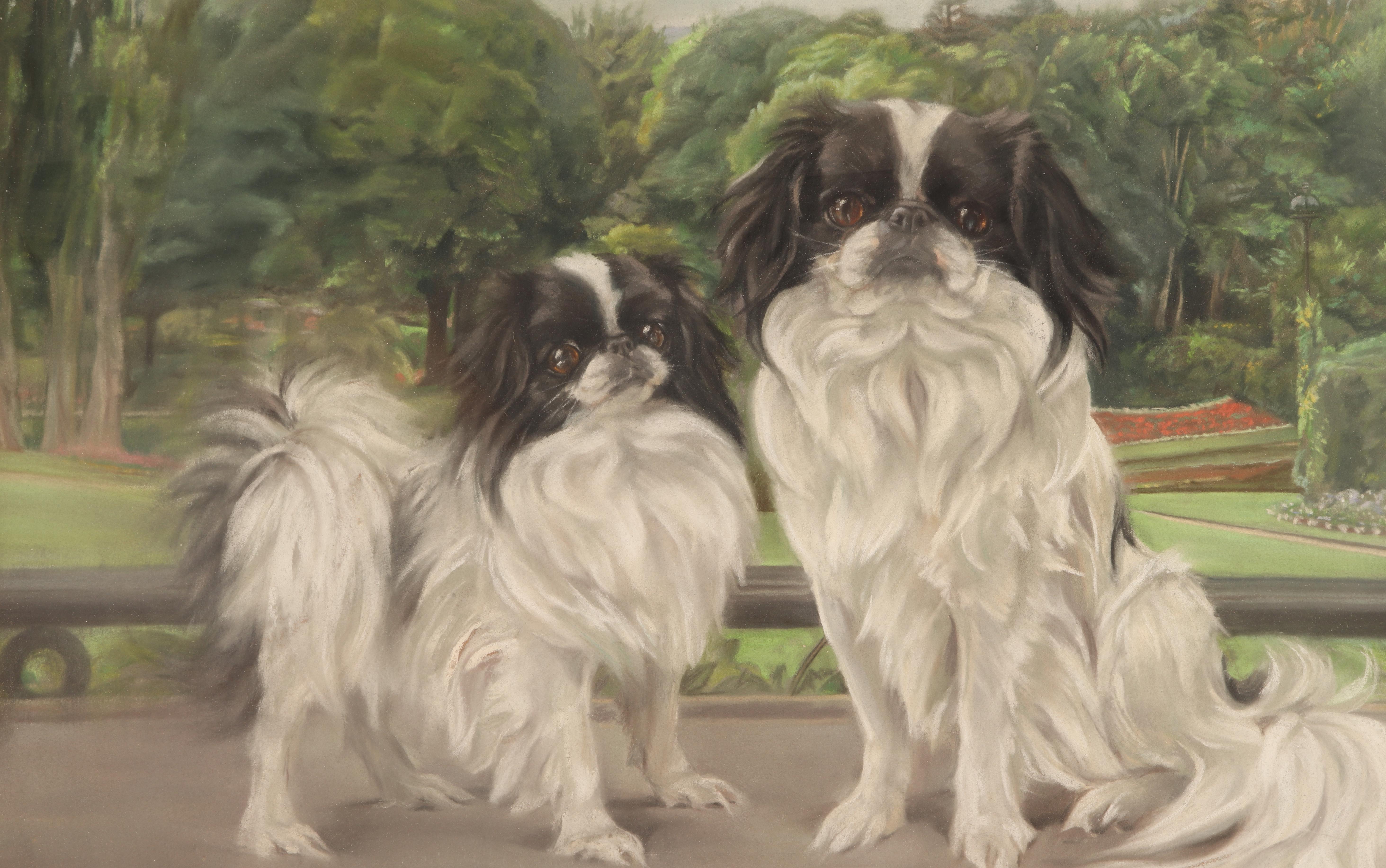A pastel painting depicting two Pekingese dogs. Signed. Original golden wooden frame. England circa 1920.
