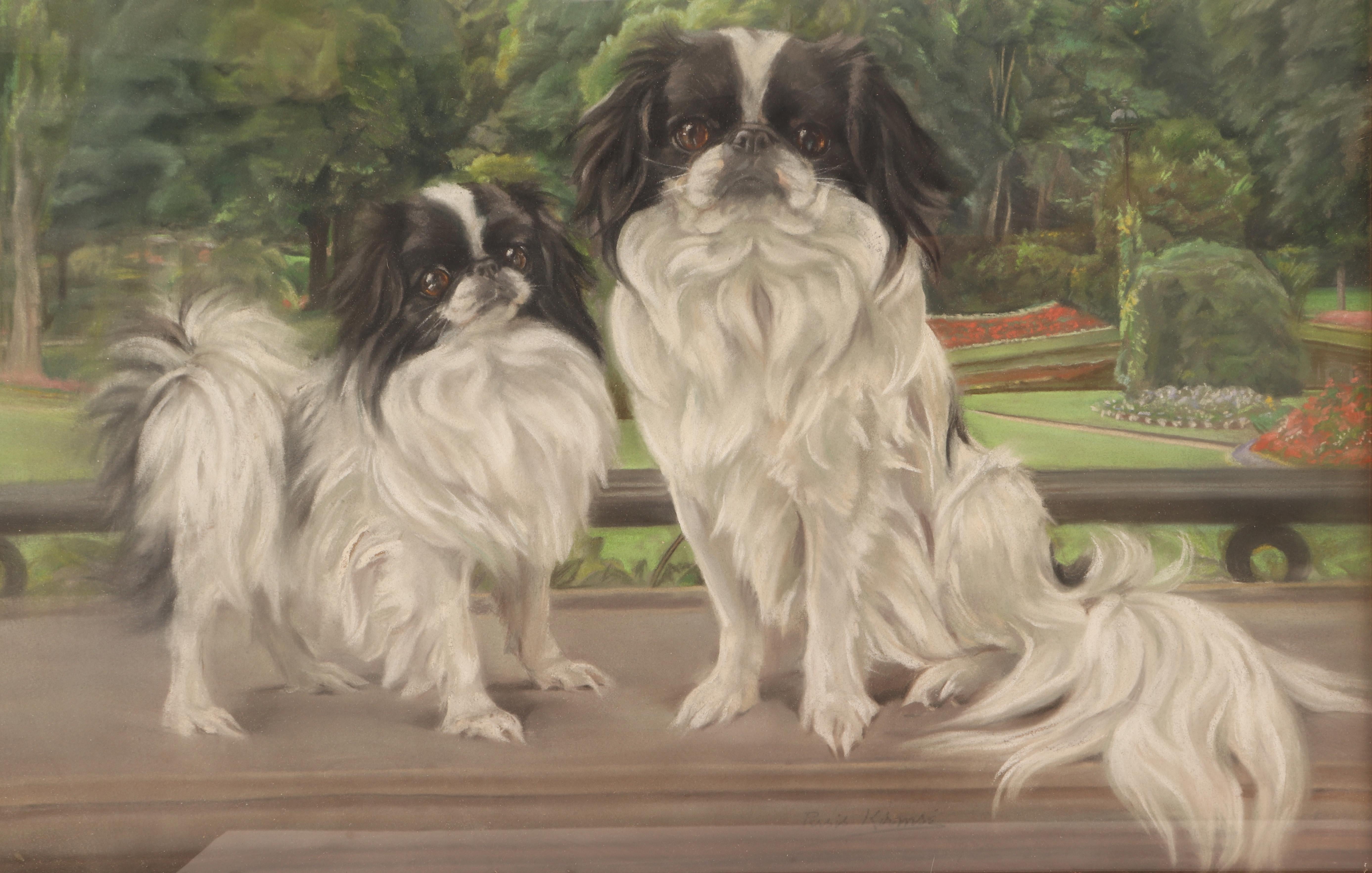 British Pastel Painting Depicting Two Pekingese Dogs, England, 1920