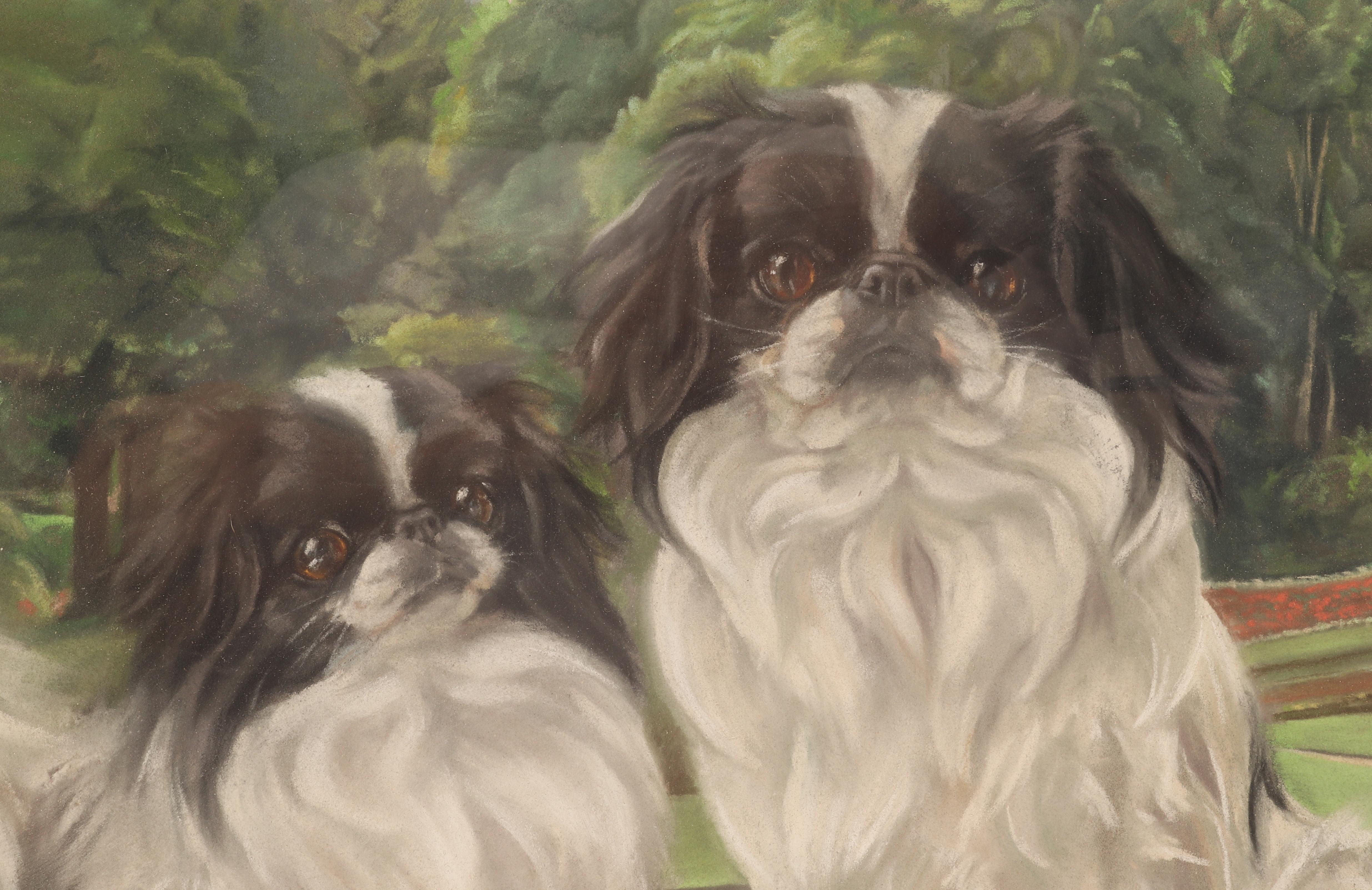 Hand-Painted Pastel Painting Depicting Two Pekingese Dogs, England, 1920