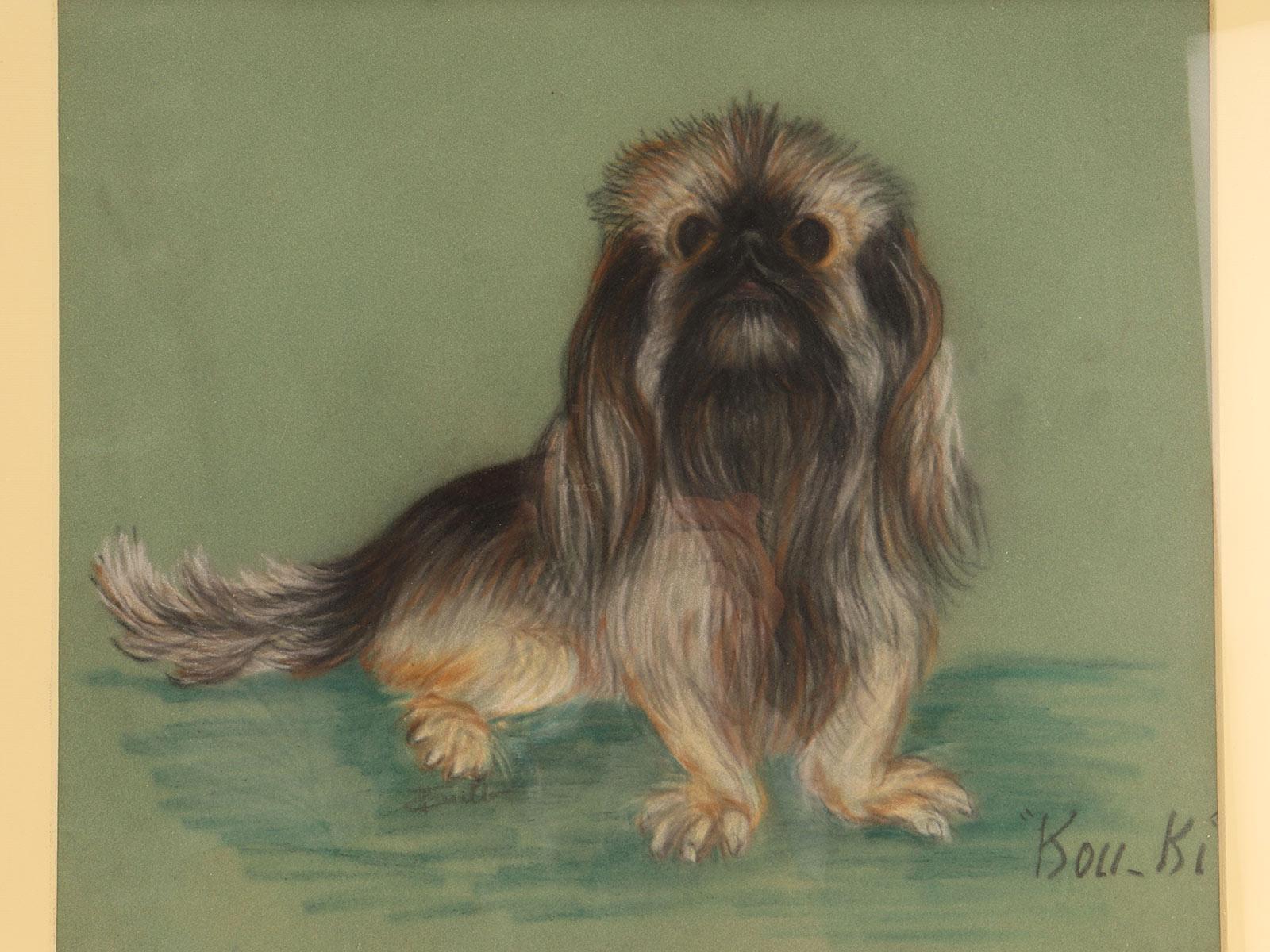 Anglais Peinture au pastel sur papier représentant un chien pékinois, Angleterre 1940. en vente