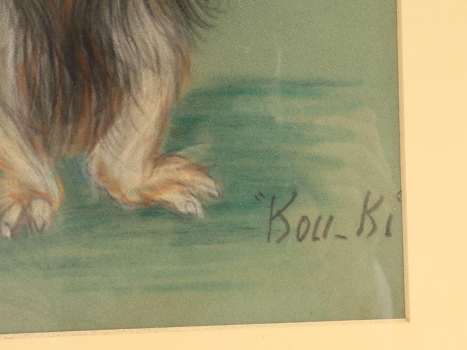 Peinture au pastel sur papier représentant un chien pékinois, Angleterre 1940. Bon état - En vente à Milan, IT