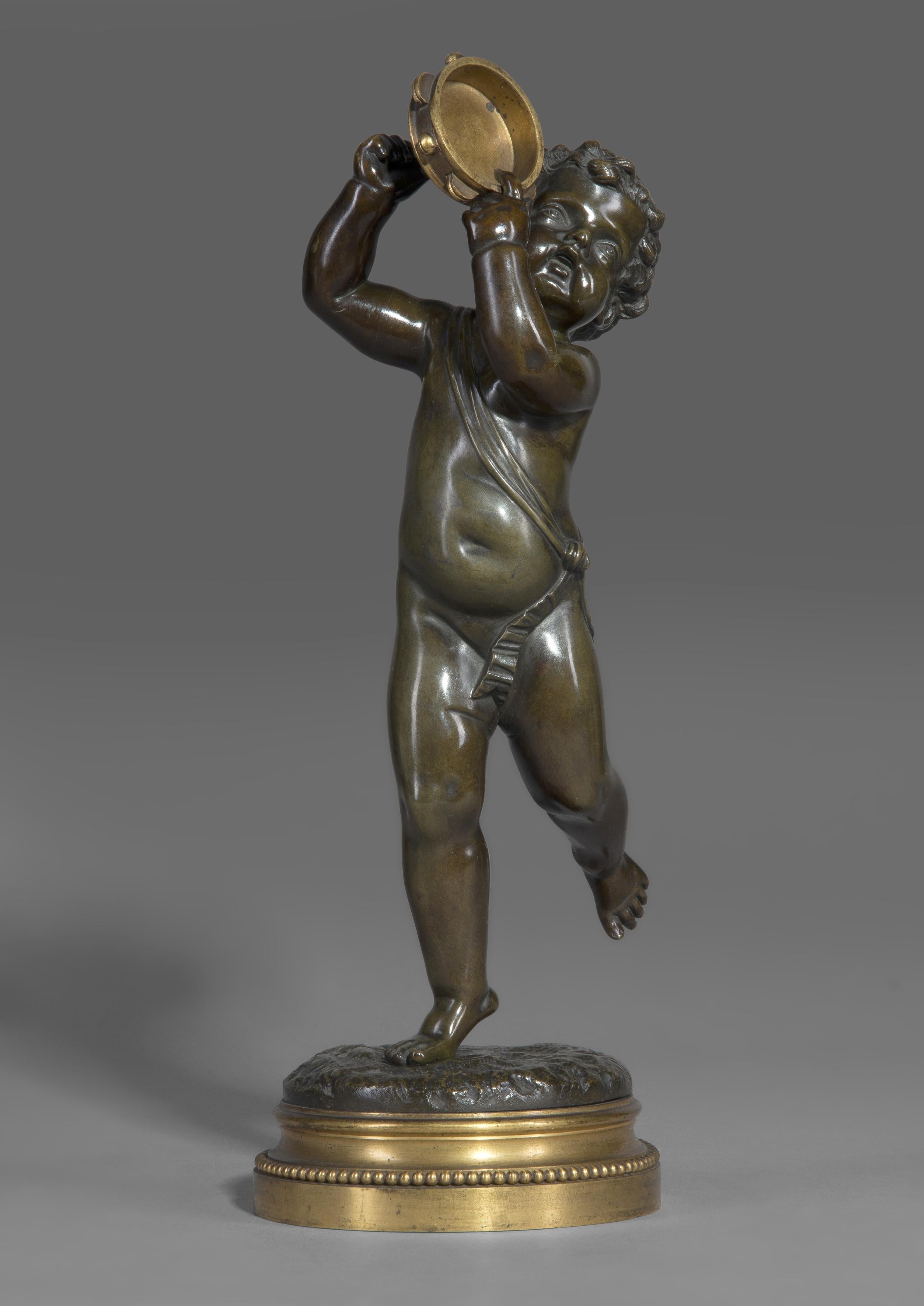 A fine Patinated and gilt bronze figure of a dancing putto holding a tambourine, after Clodion.

French, circa 1860.

Signed to the base 'Clodion'.

The son-in-law of sculptor Augustin Pajou, Clodion, (Claude Michel), (1738-1814), trained in