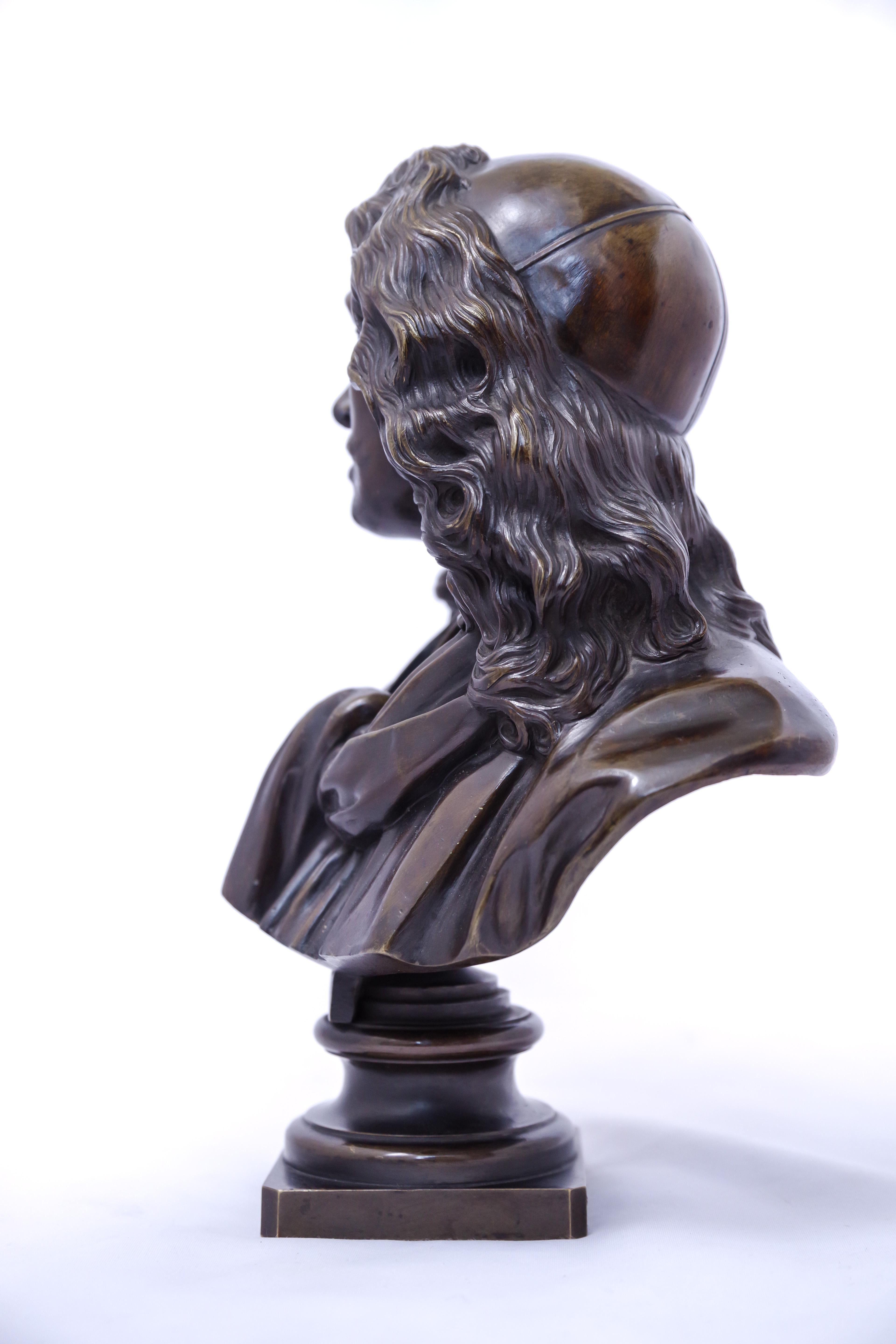 French A Patinated Bronze Bust Depicting Moliere by the Barbedienne Foundry For Sale