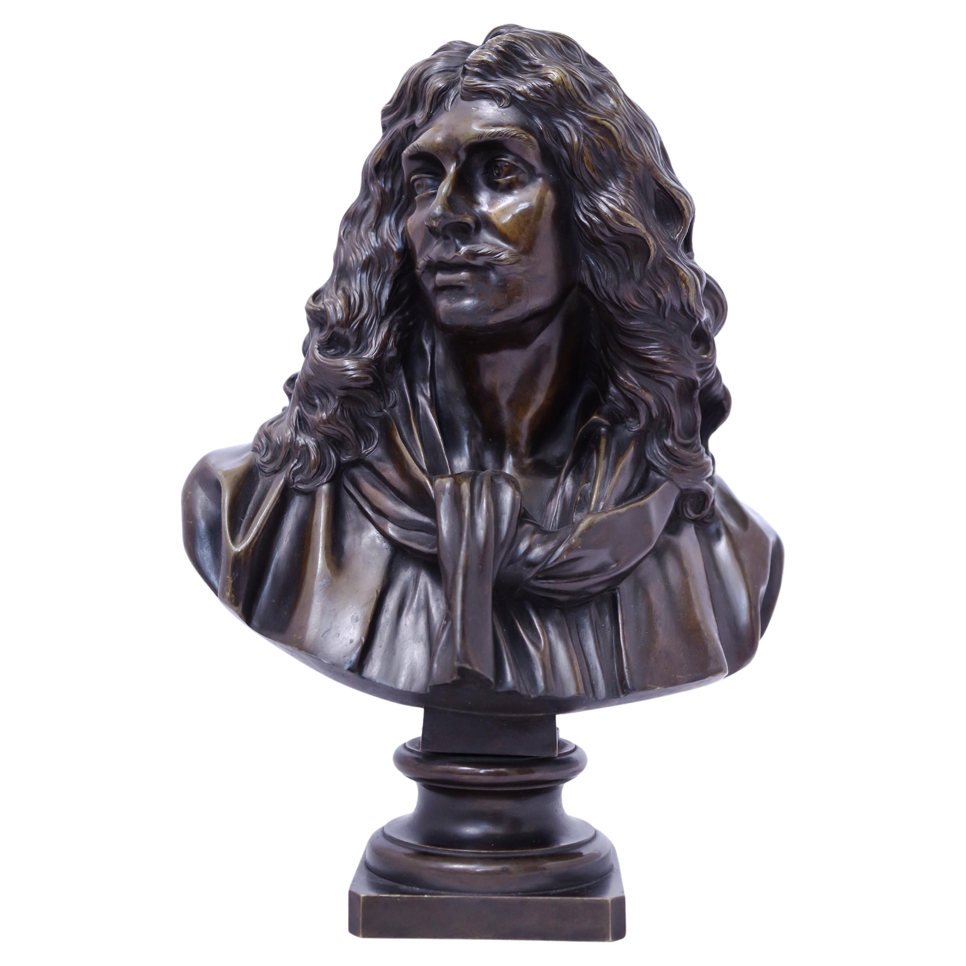A Patinated Bronze Bust Depicting Moliere by the Barbedienne Foundry For Sale