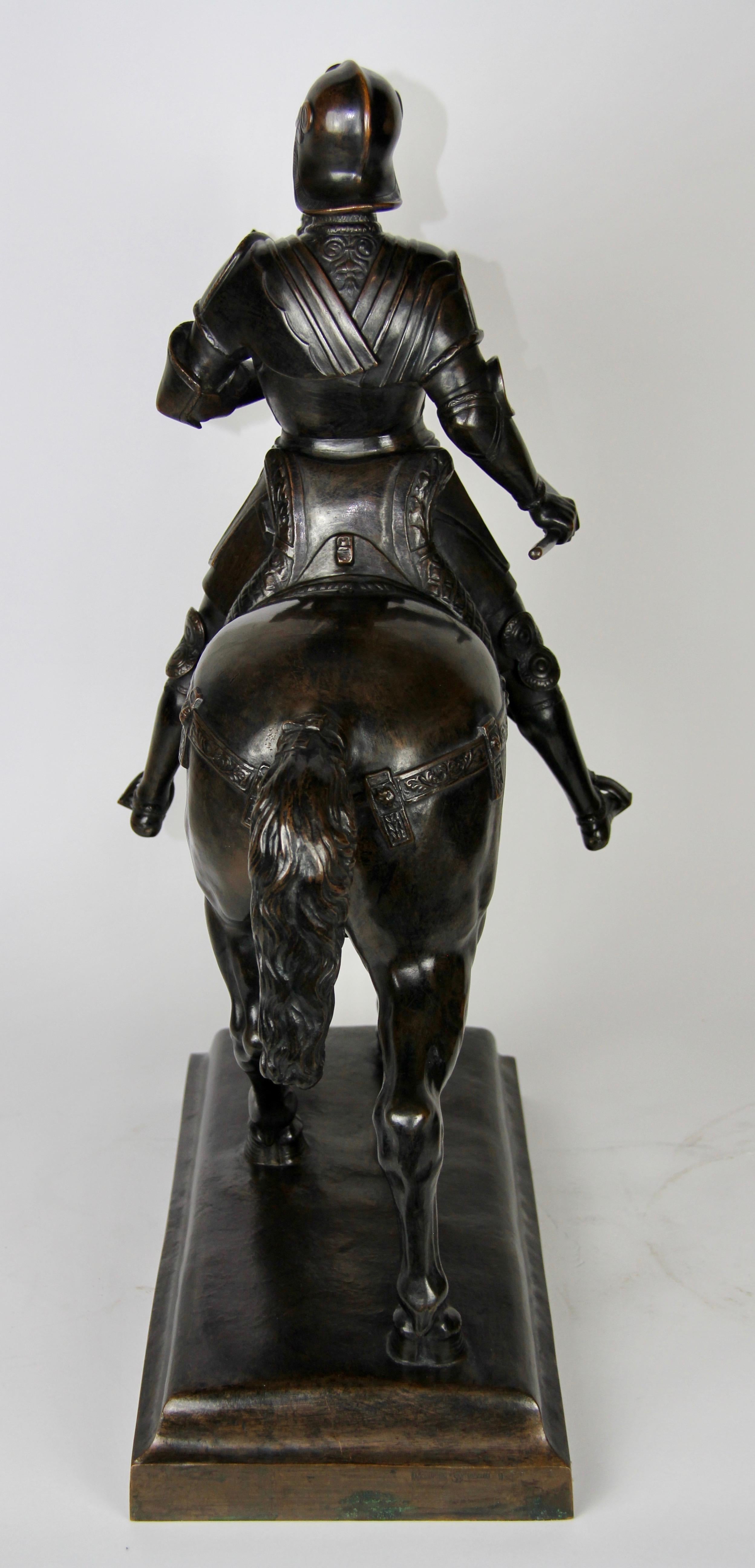 Patinated Bronze Figure of a Soldier on a Horse with a Helmet For Sale 5