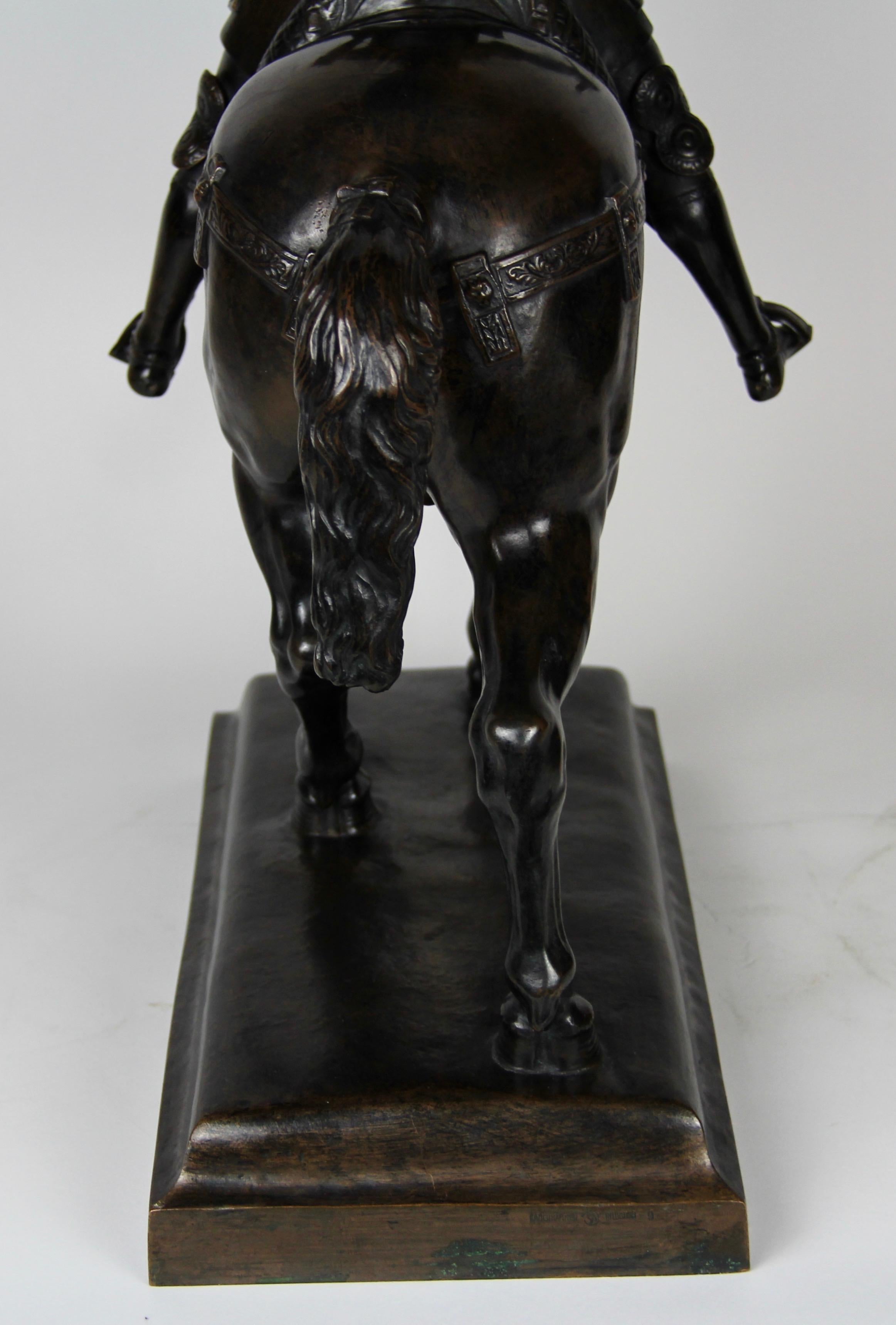 Patinated Bronze Figure of a Soldier on a Horse with a Helmet For Sale 7