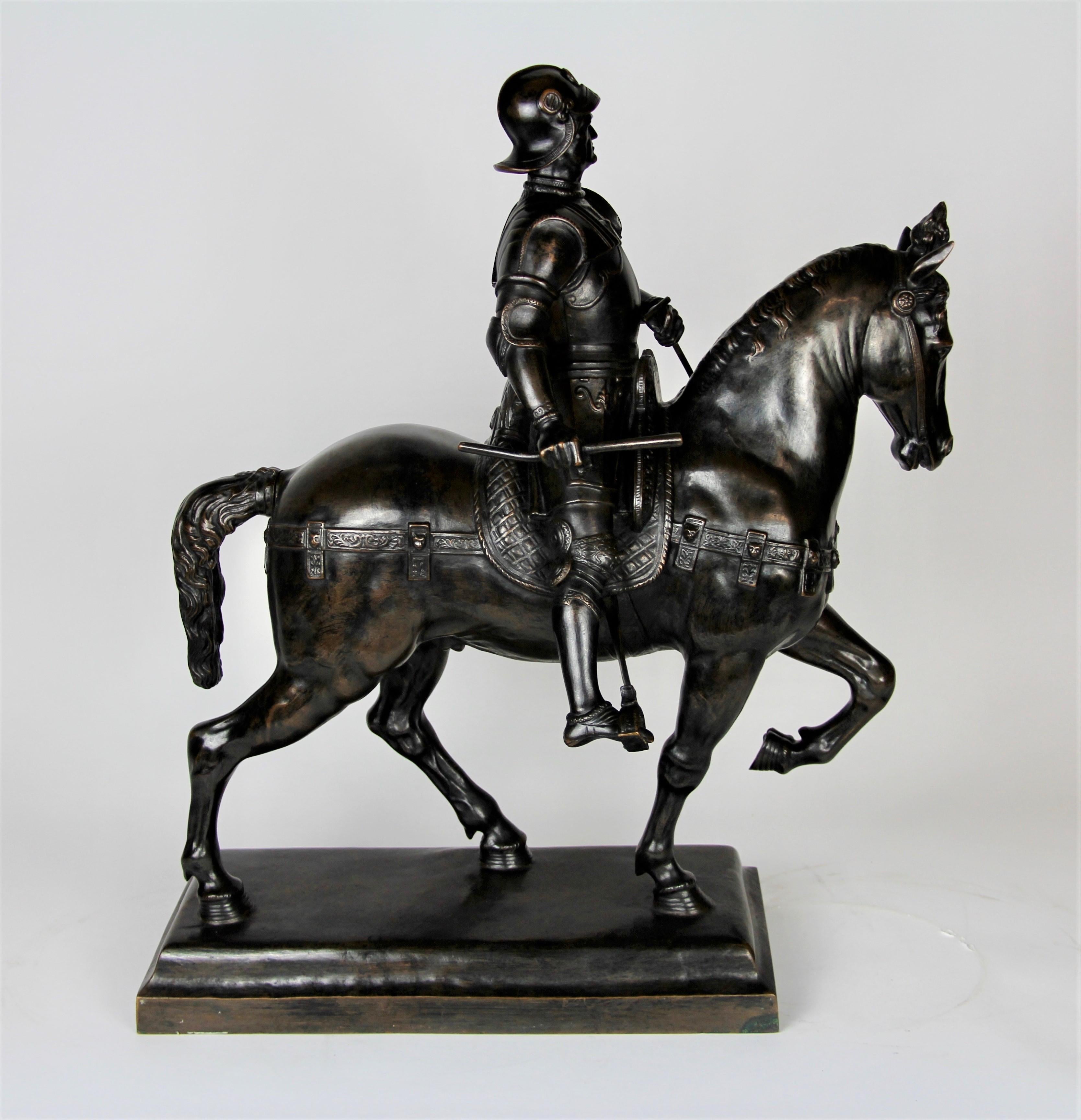 A Fabulous and Large Patinated Bronze Figure of a Soldier on a Horse. Beautifully cast and well patinated with a dark brown patina. The soldier is seen seated on a horse, beautifully modelled and hand chisseled details. Marked and signed on the