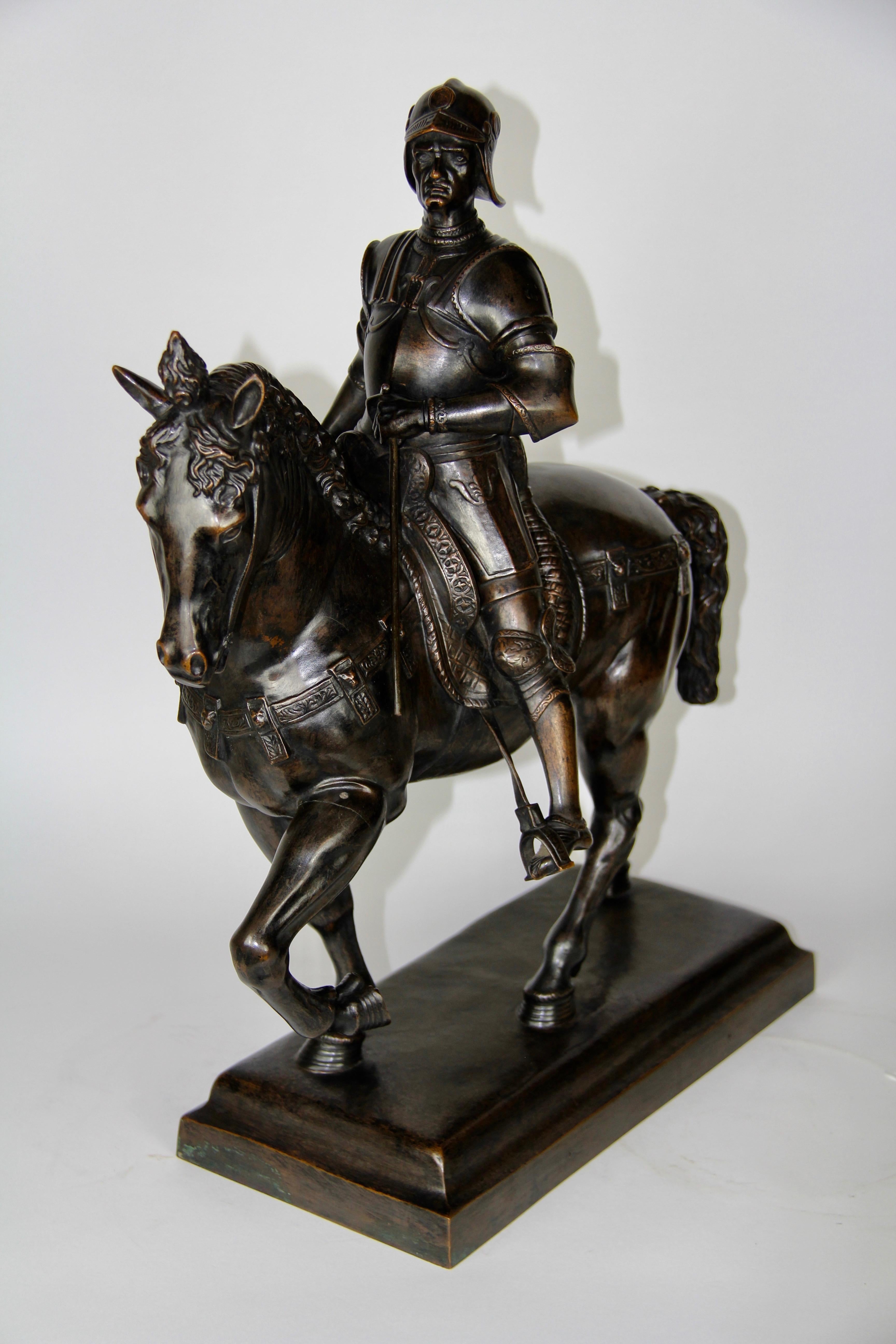 Patinated Bronze Figure of a Soldier on a Horse with a Helmet In Good Condition For Sale In New York, NY