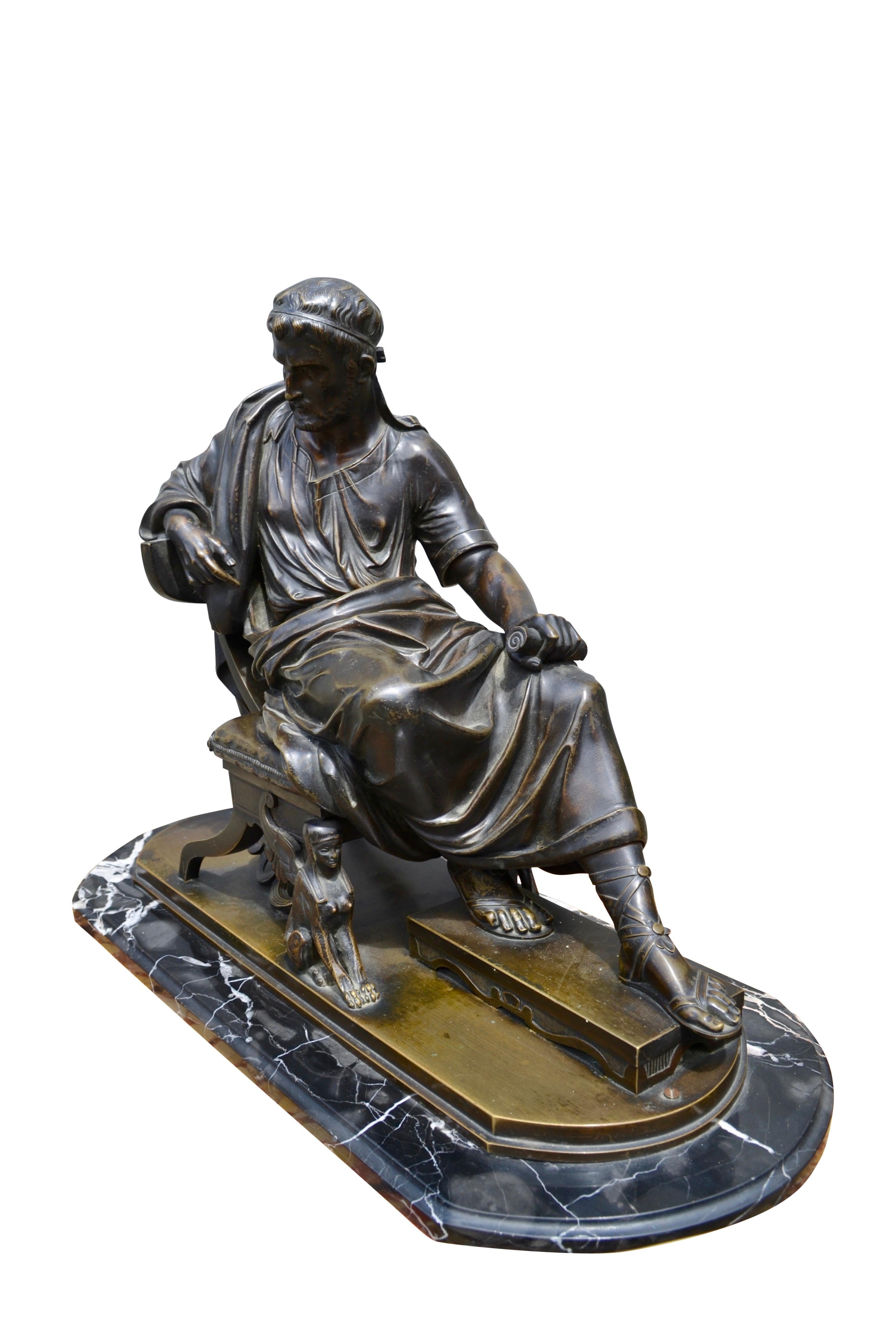 Neoclassical Patinated Bronze Grand Tour Statue of a Seated Roman Senator or Philosopher