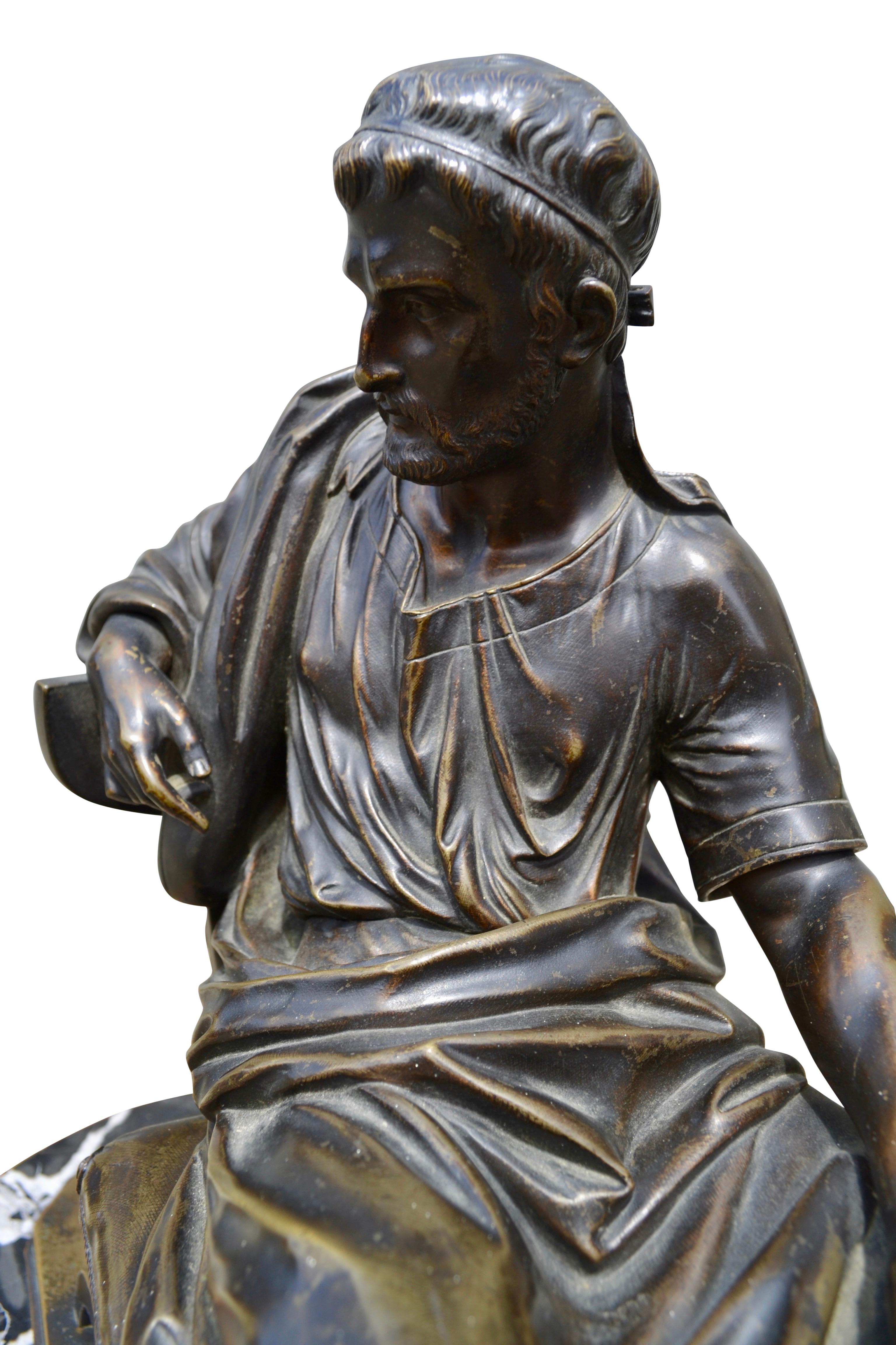 Hand-Carved Patinated Bronze Grand Tour Statue of a Seated Roman Senator or Philosopher