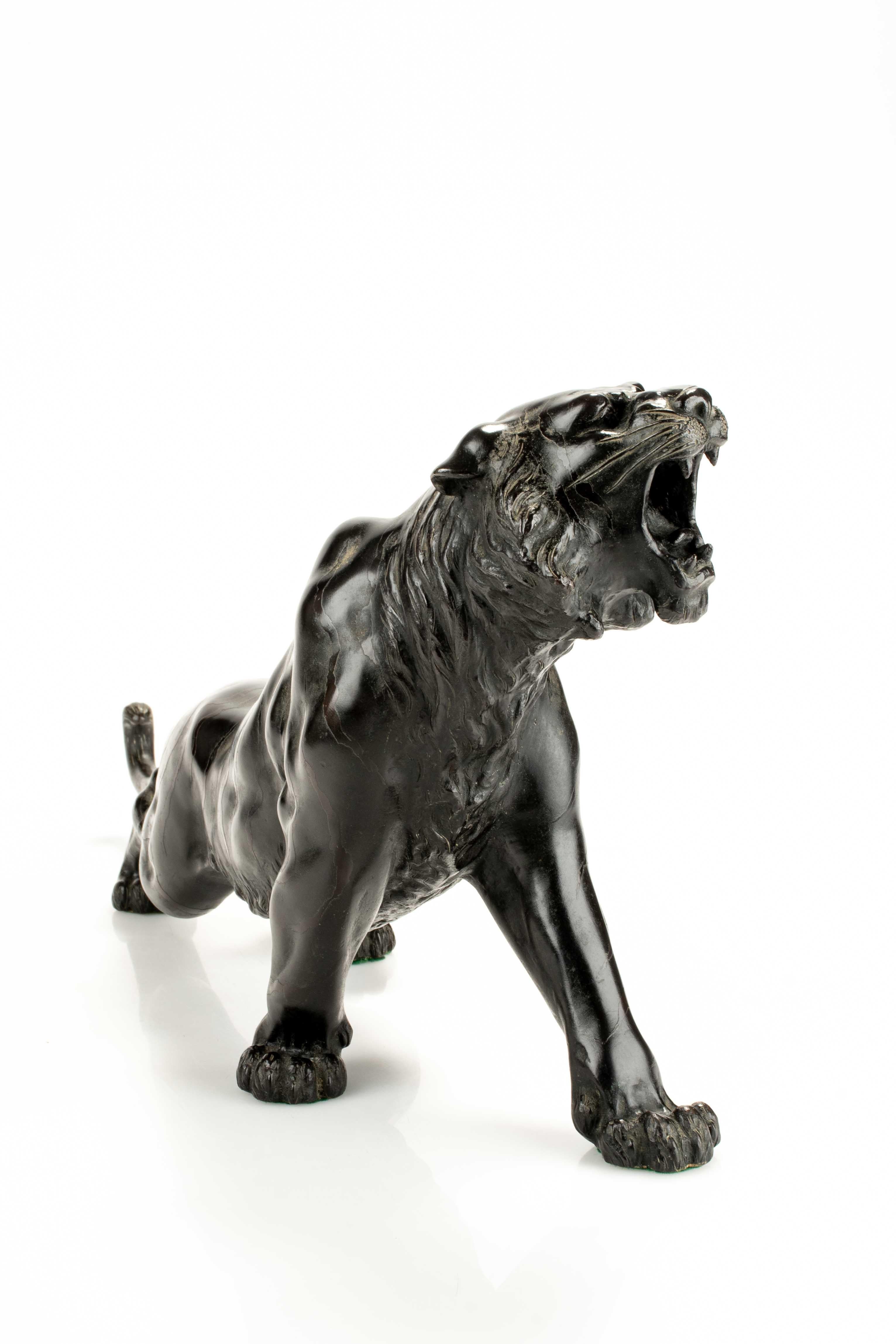 A patinated bronze okimono of a roaring tiger, signed Maruki Company and Atsuyos In condizioni ottime in vendita a Milano, IT