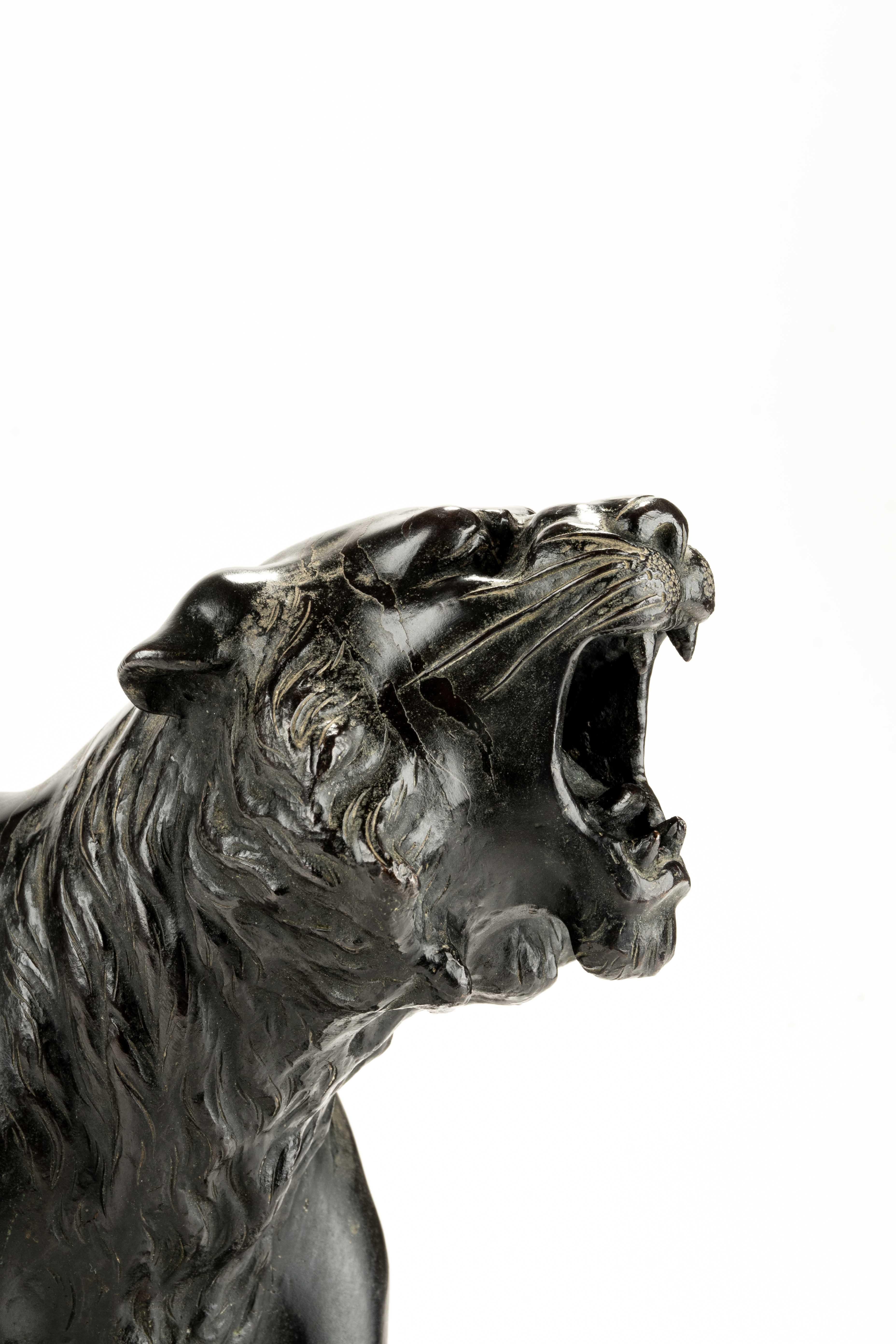 19th Century A patinated bronze okimono of a roaring tiger, signed Maruki Company and Atsuyos in vendita