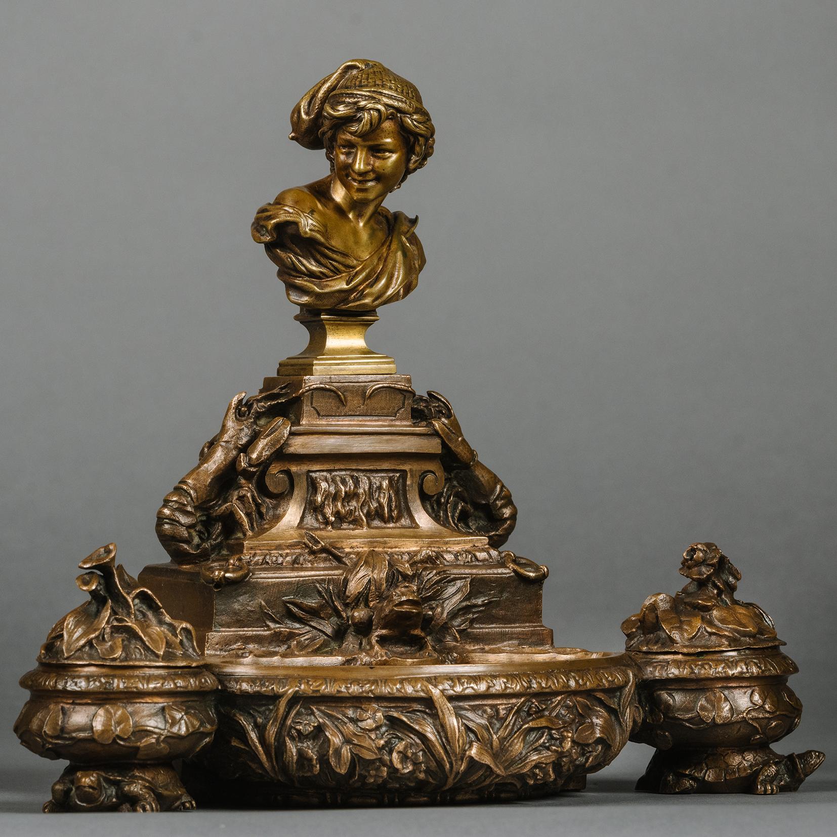 Tintero escultórico de bronce patinado de Jean-Baptiste Carpeaux Napoleón III en venta