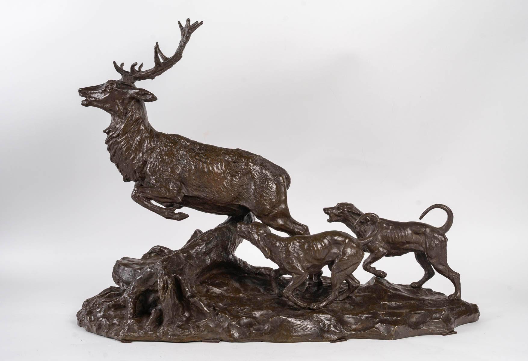 A Patinated Bronze Sculpture of a Stag and Hunting Dogs, 19th Century. For Sale 2