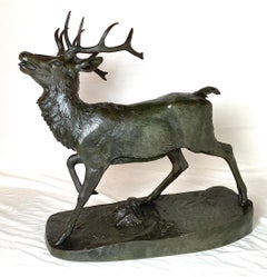 Scultura in bronzo patinato con cervo firmata "Barye