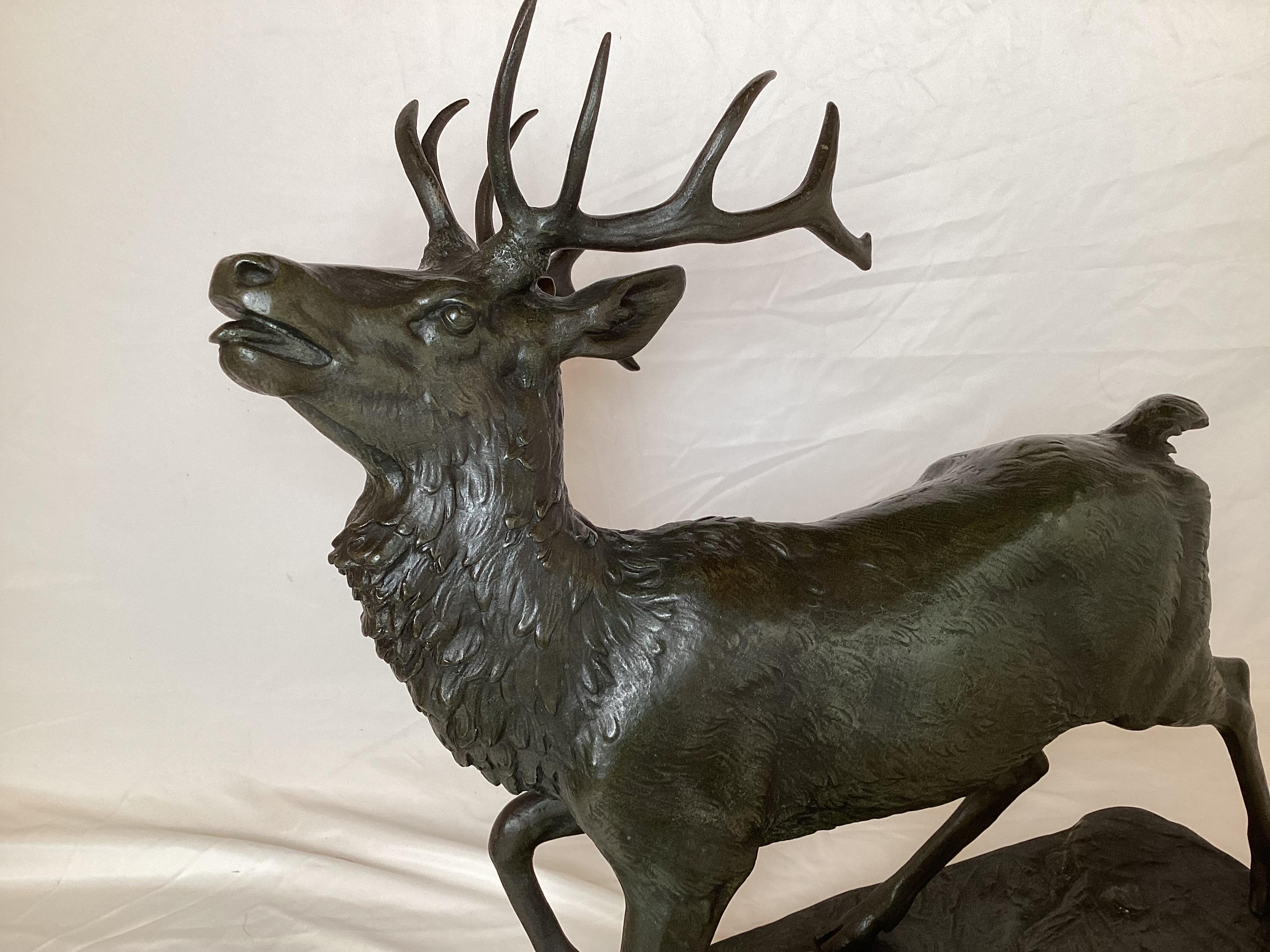 French Patinated Bronze Stag Sculpture Signed 