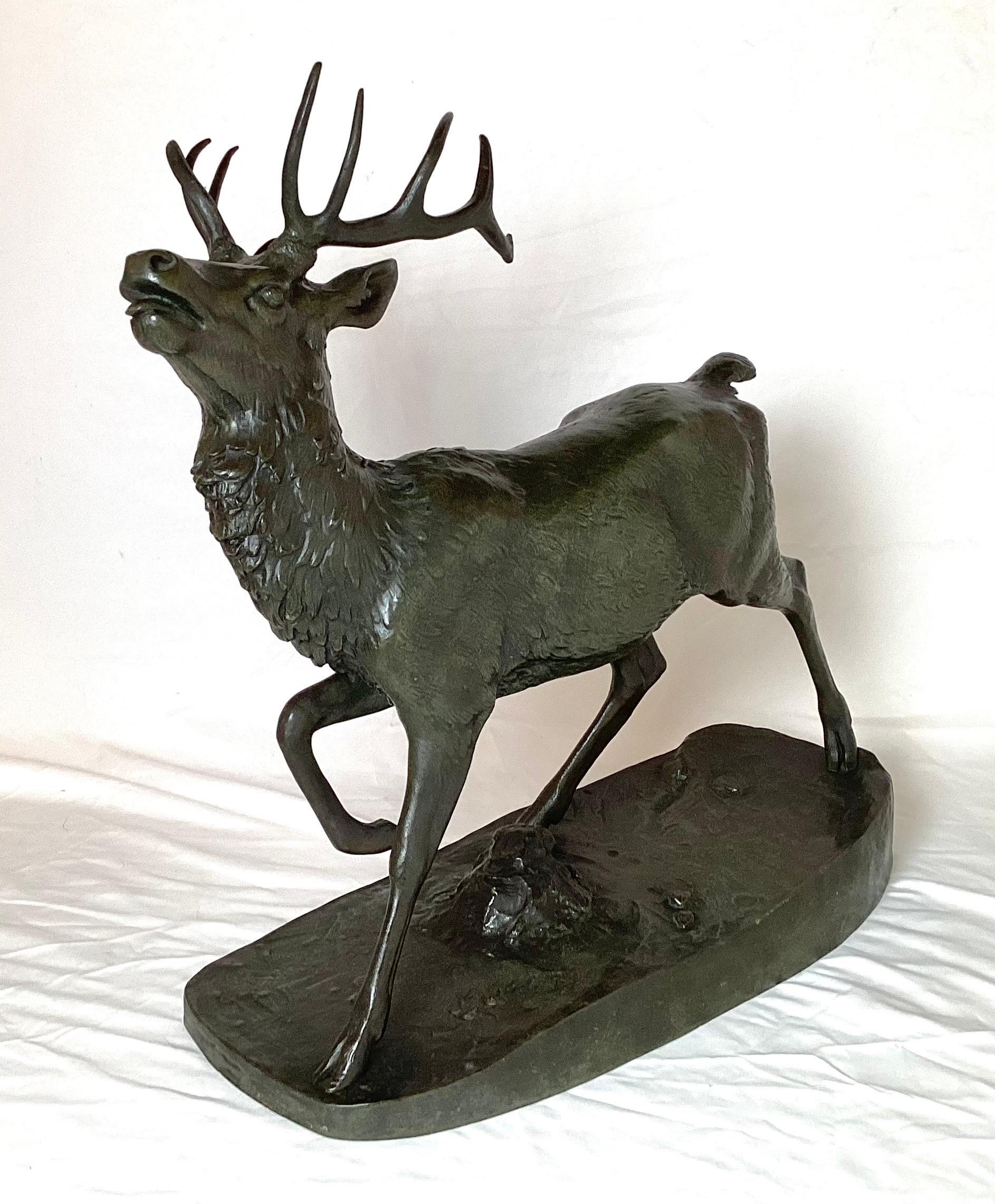 Patinated Bronze Stag Sculpture Signed 