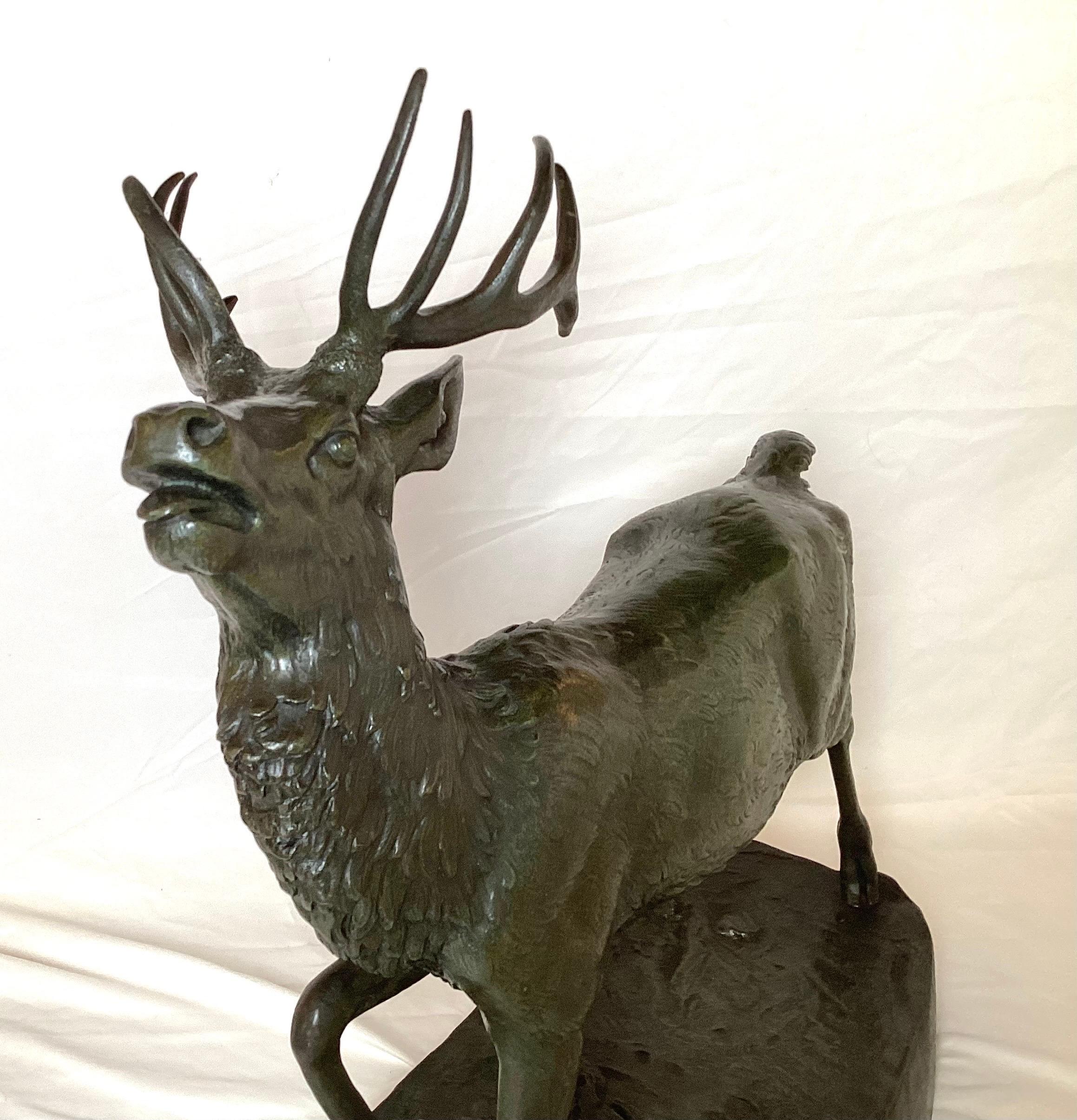 19th Century Patinated Bronze Stag Sculpture Signed 