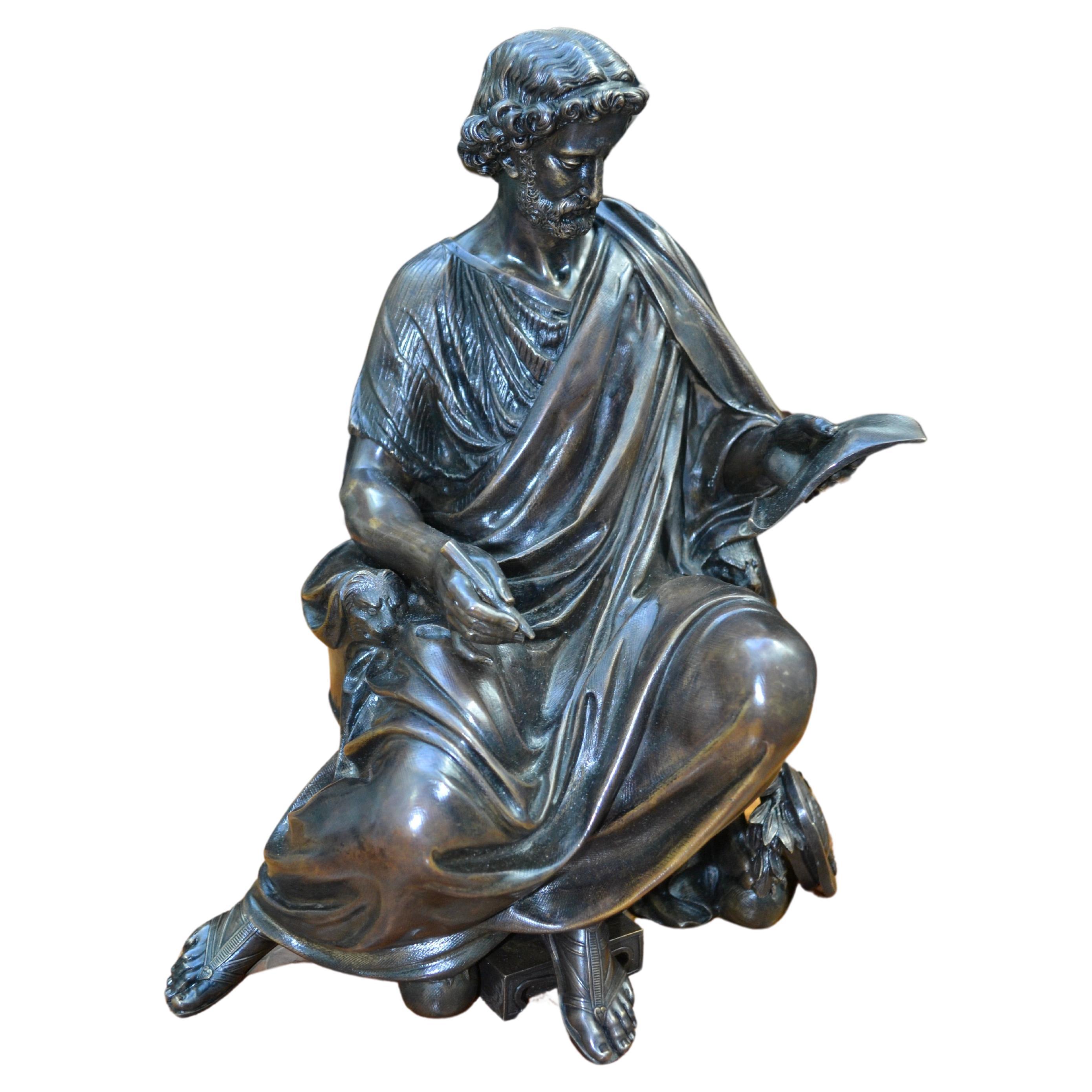 Patinierte Bronzestatue eines sitzenden Menschen  Griechisch  Gelehrter signiert Moreau