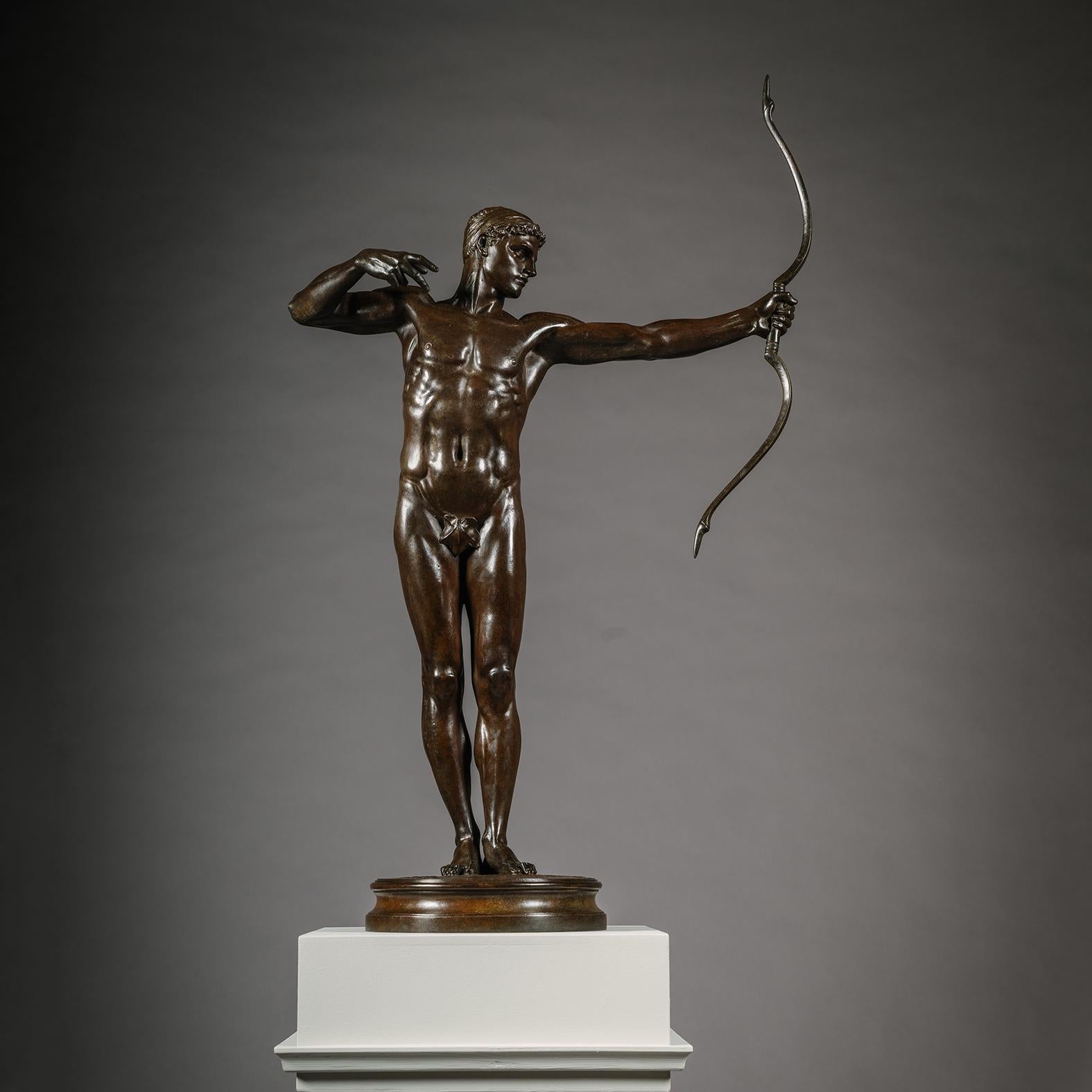 Sir William Hamo Thornycroft (británico, 1850-1925)
Estatua de bronce patinado de Teucro

Figura masculina desnuda de pie que sostiene el arco con la mano izquierda extendida, elevada sobre una base circular naturalista.

Firmado y fechado 
