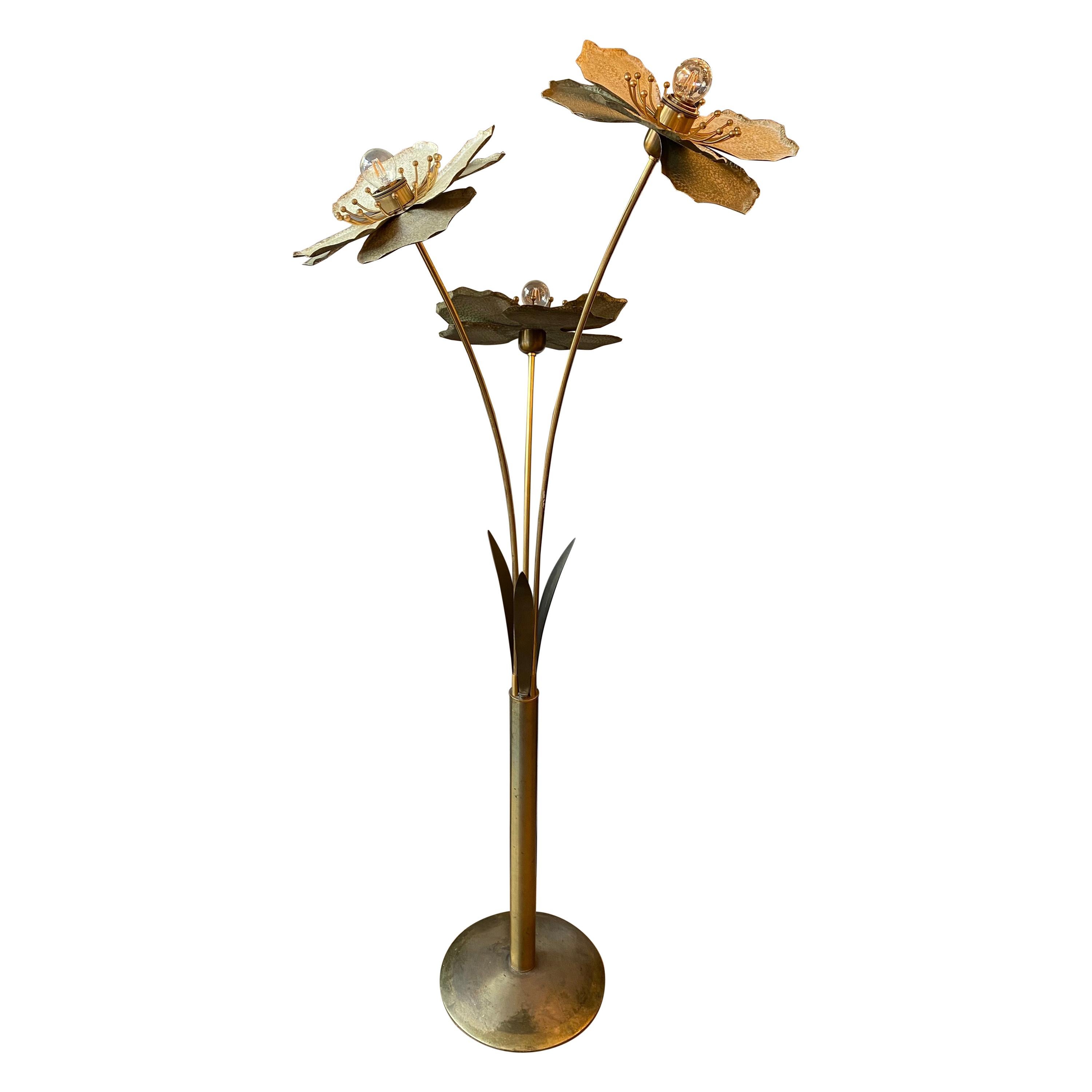 Patinated Italian Brass Flower Floor Lamp