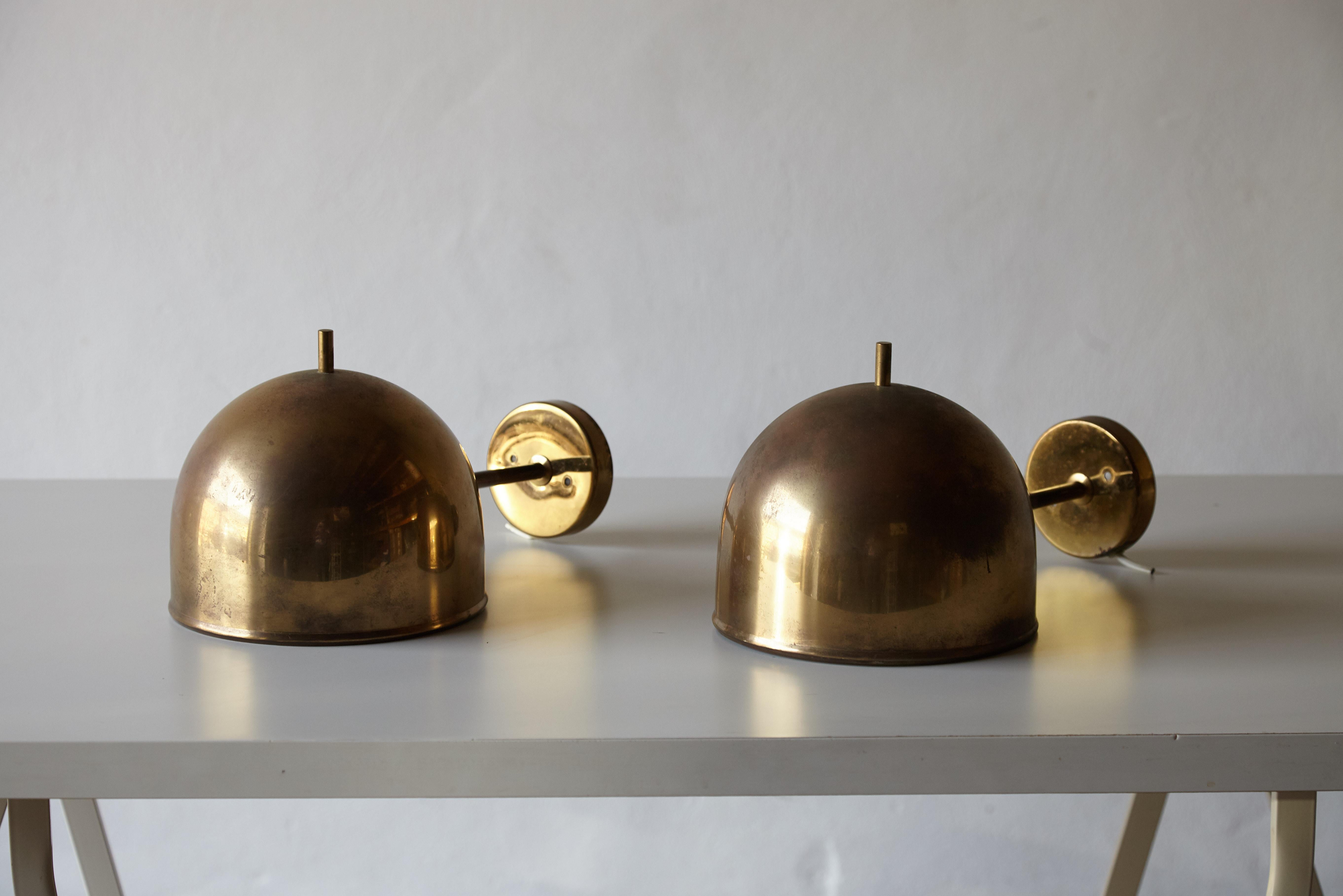 Mid-Century Modern Patinated Pair of Brass Wall Lamps, Model G-075, Bergboms, Sweden, 1960s
