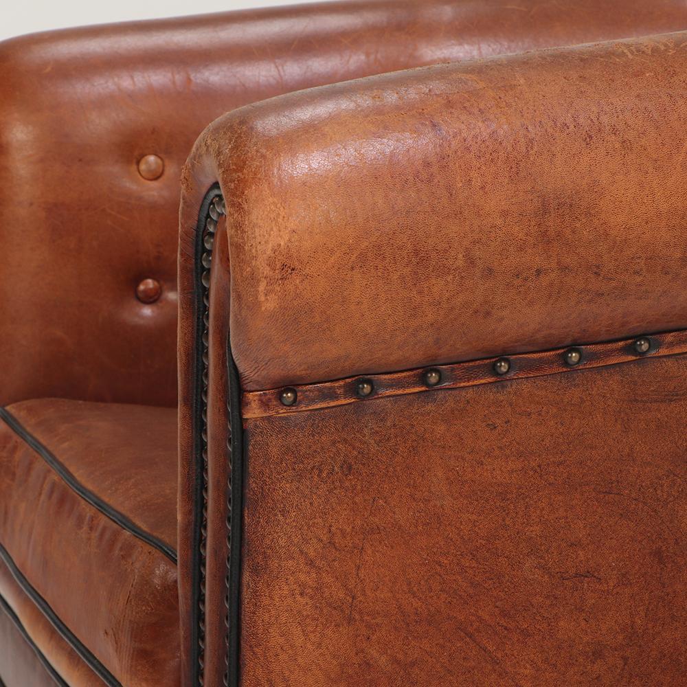 Dutch A Patinated Sheepskin Leather Club Chair, C. 1950 from Holland. For Sale