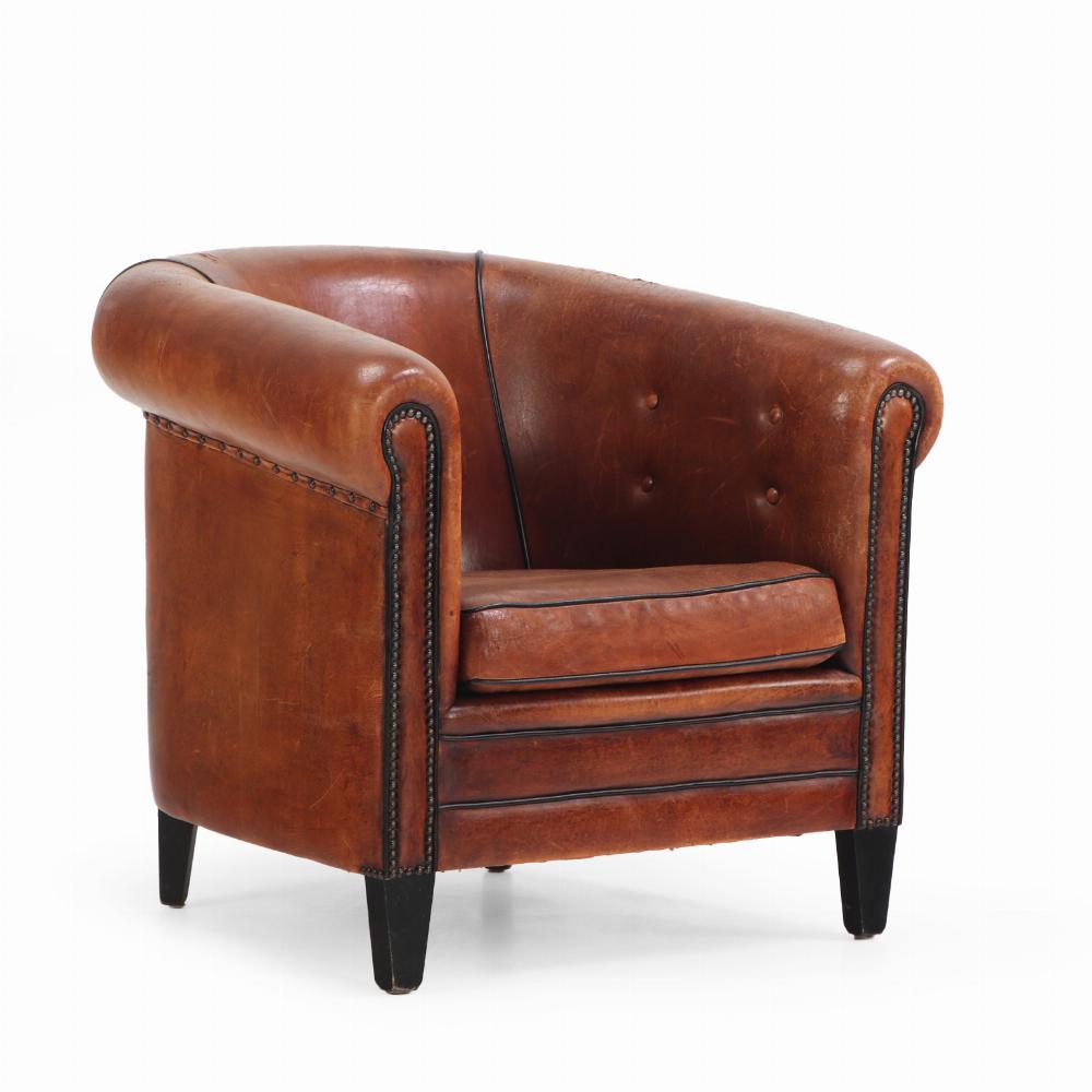 A Patinated Sheepskin Leather Club Chair, C. 1950 from Holland. For Sale 1