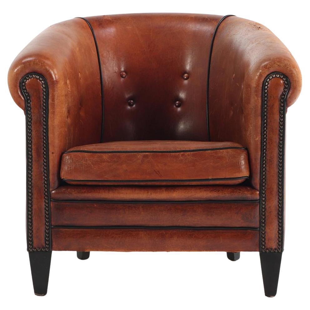 A Patinated Sheepskin Leather Club Chair, C. 1950 from Holland. For Sale