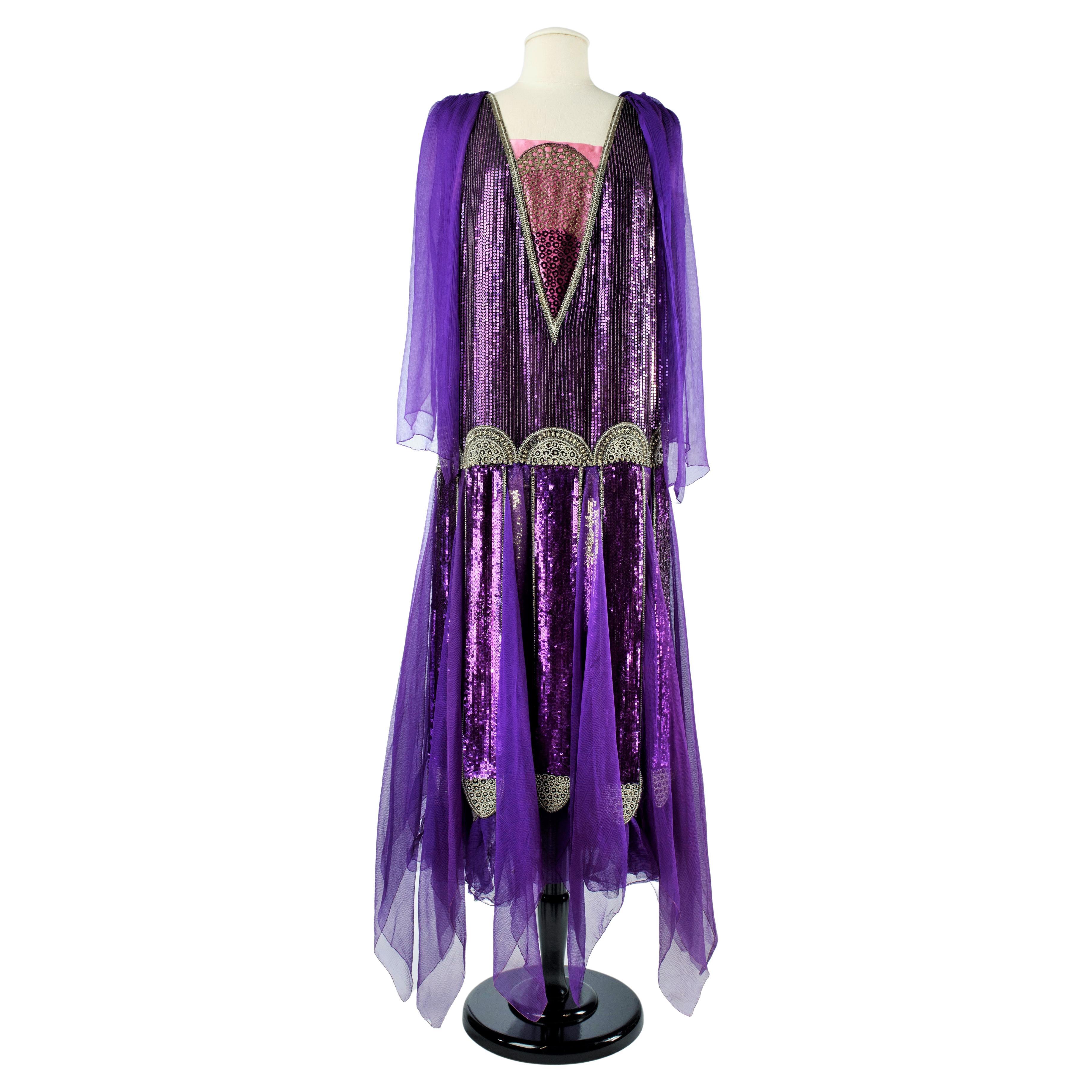 A Paul Poiret Ball Gown in Sequined Silk Crepe and Satin - France Circa 1925 For Sale