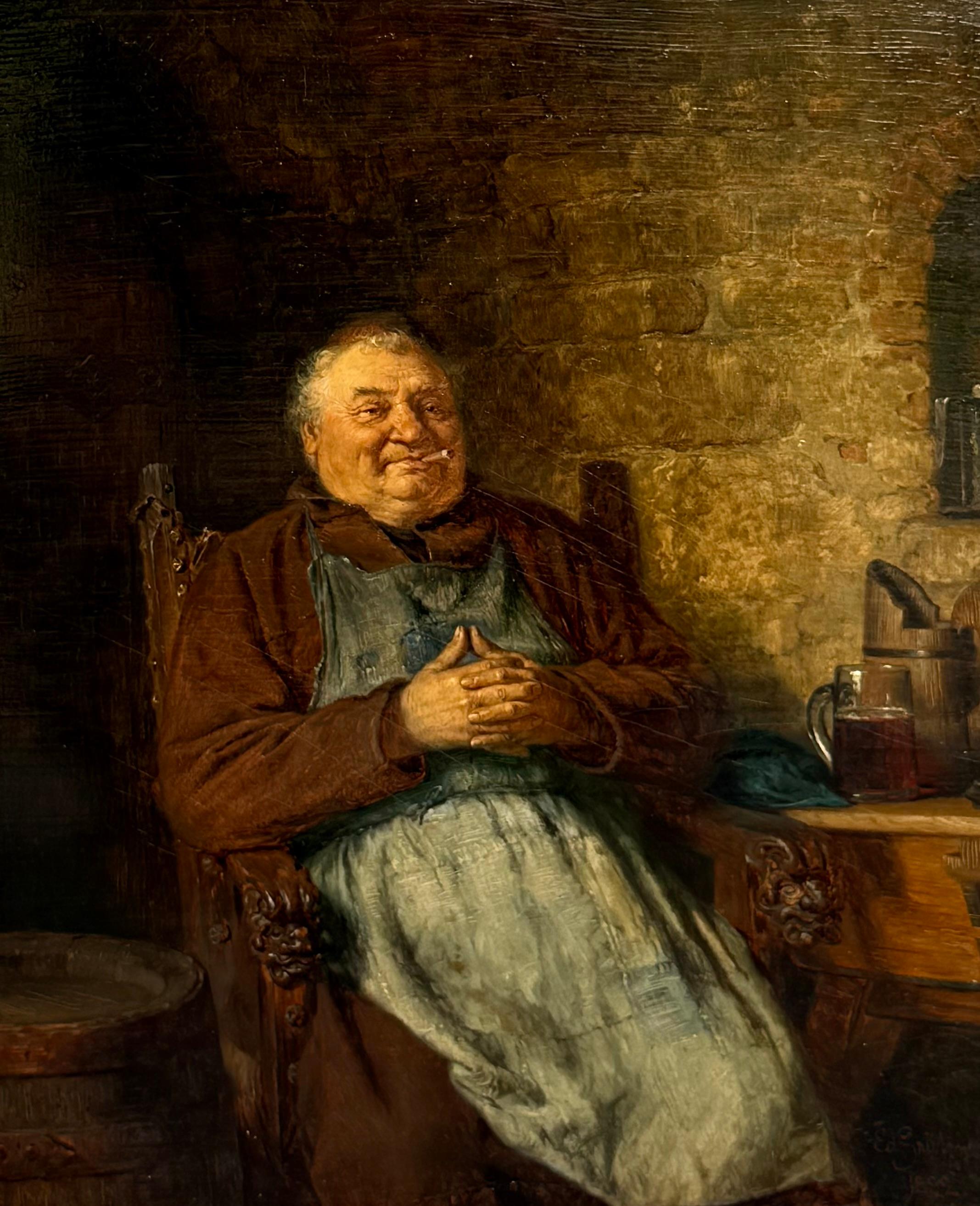 Huile sur panneau, signée et datée dans le coin inférieur droit.  Présentée dans un cadre doré d'époque, cette peinture représente un moine satisfait profitant d'un moment de tranquillité, probablement dans la cave.  Mesure 29