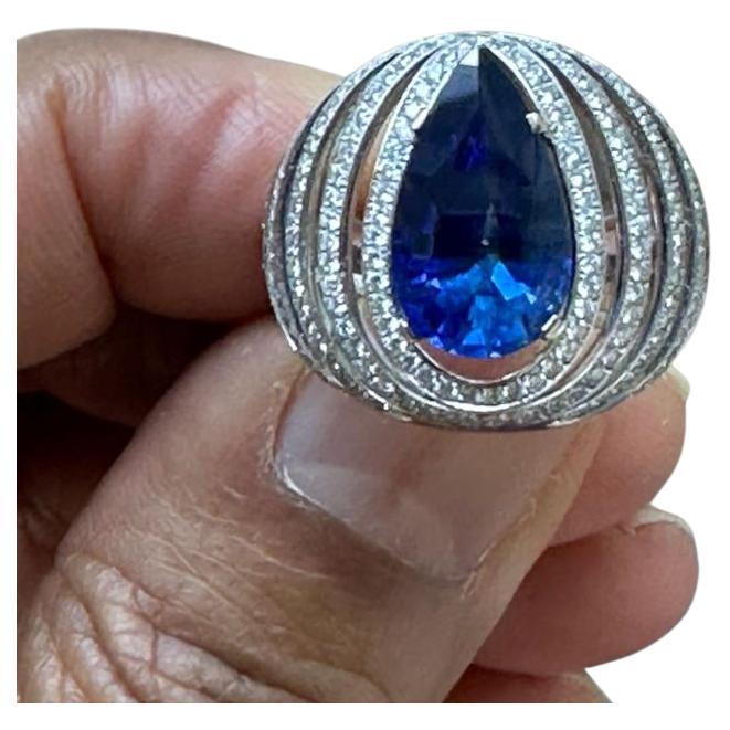 Pear Cut A Pear Shaped  Blue Sapphire Burma No Heat Diamond Ring  For Sale
