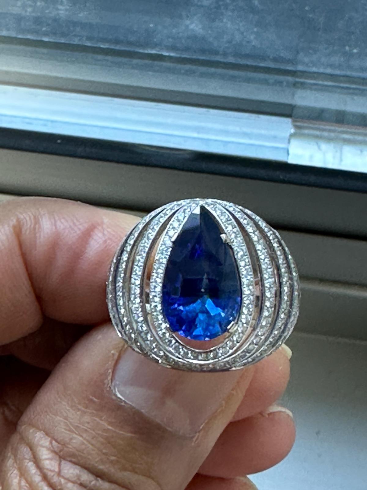 Women's A Pear Shaped  Blue Sapphire Burma No Heat Diamond Ring  For Sale