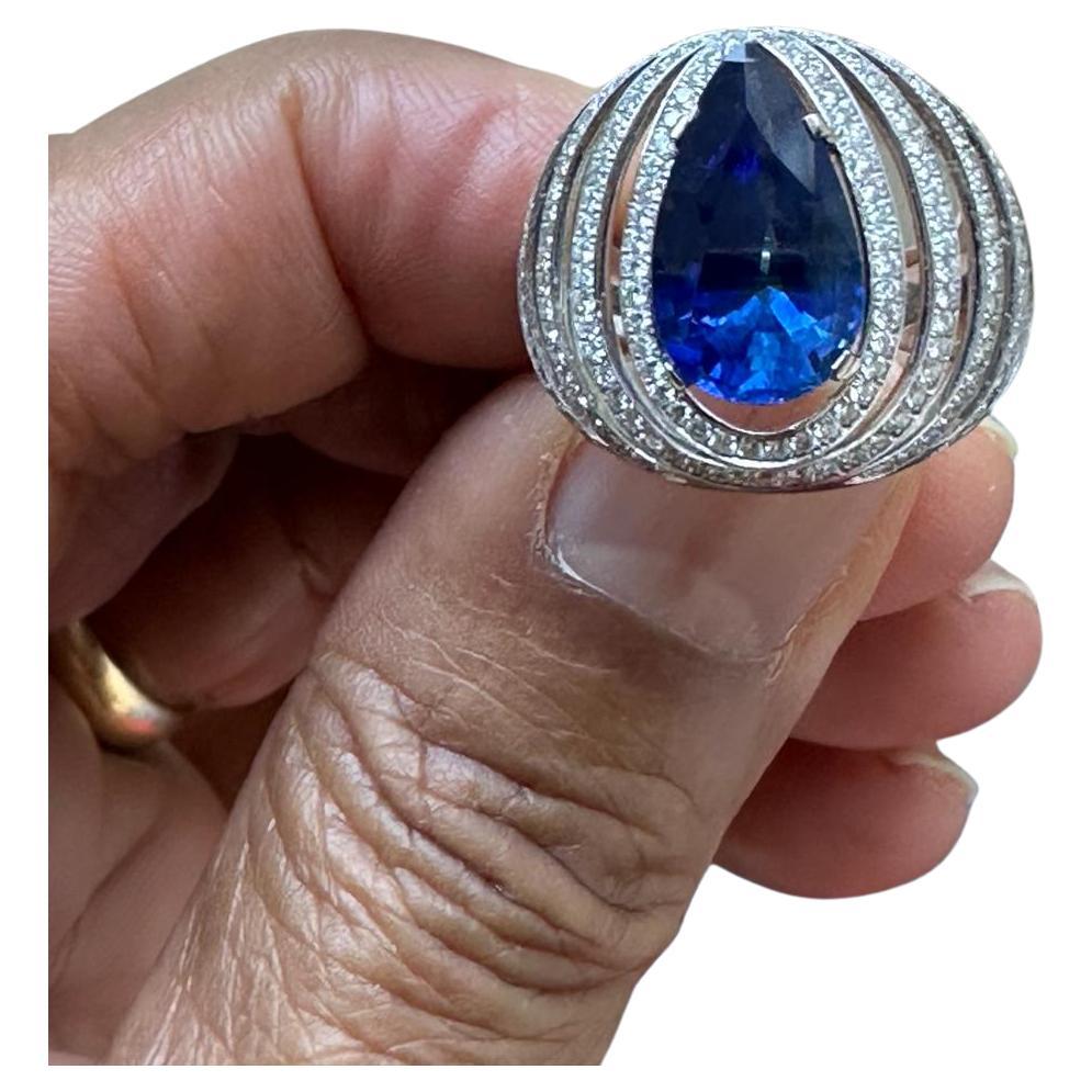 A Pear Shaped  Blue Sapphire Burma No Heat Diamond Ring  For Sale
