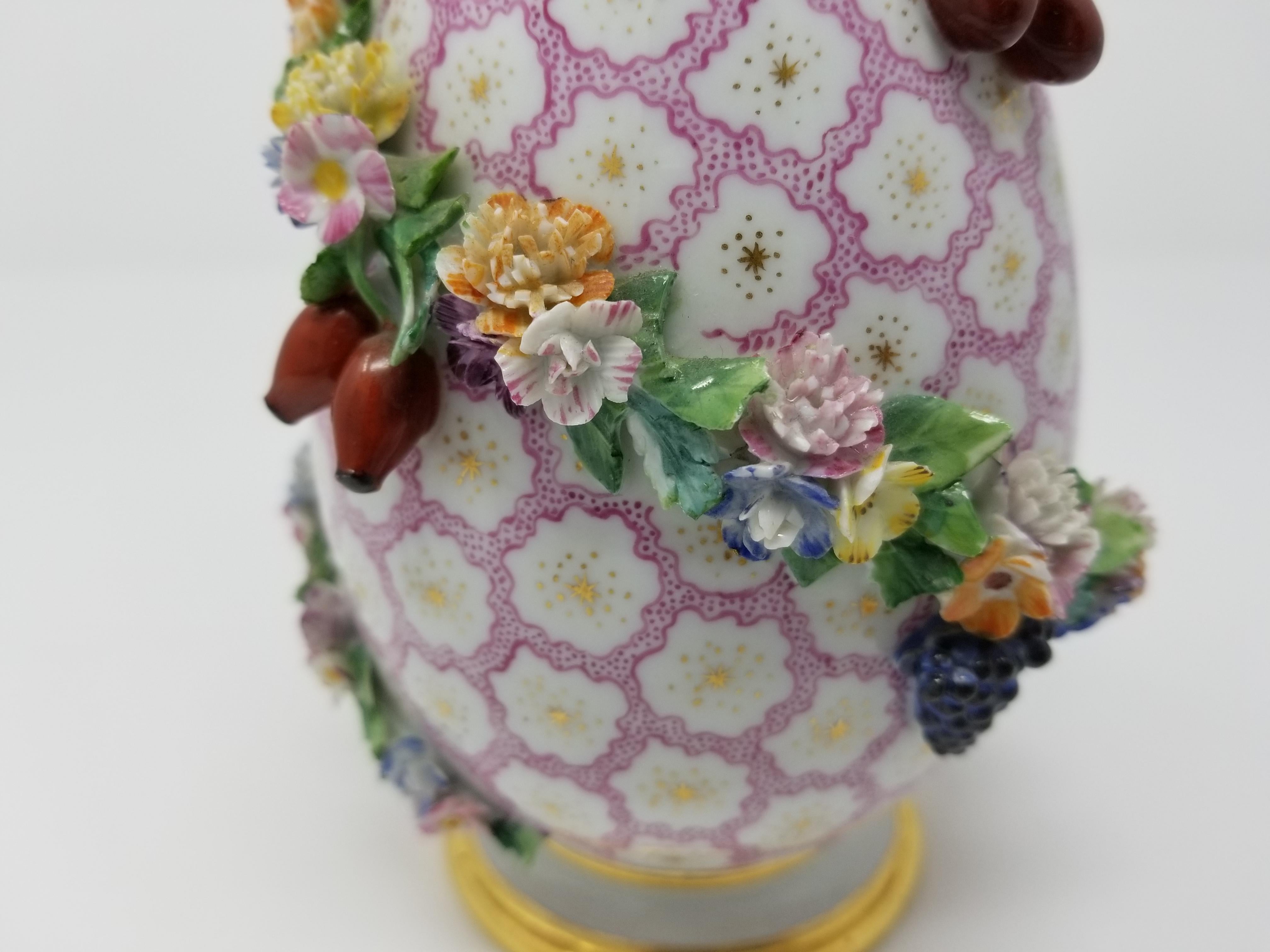 Hand-Painted Pear Shaped Meissen Vase with Cover and Vines with Flowers and Fruits For Sale