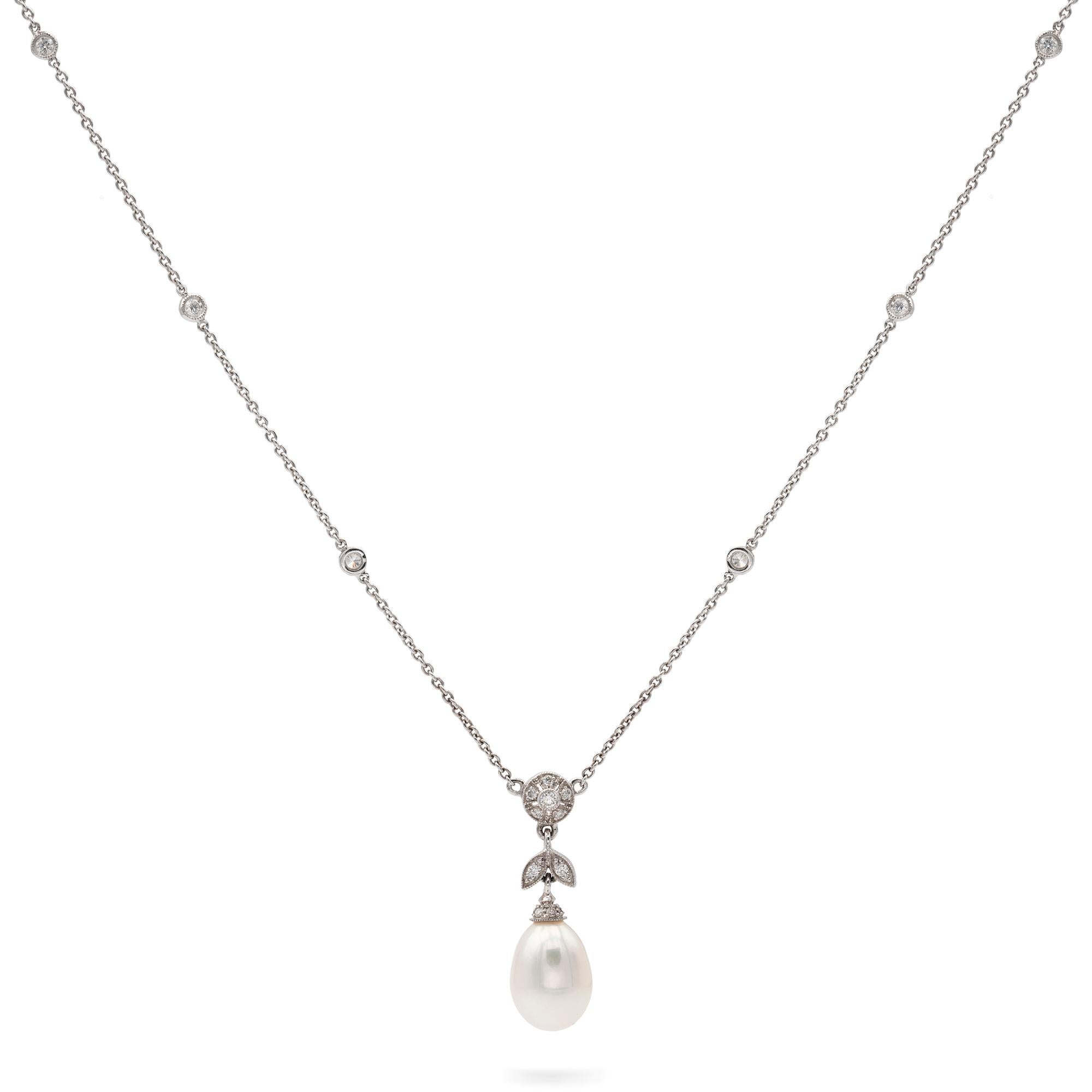 Modern Pearl and Diamond Pendant or Necklace