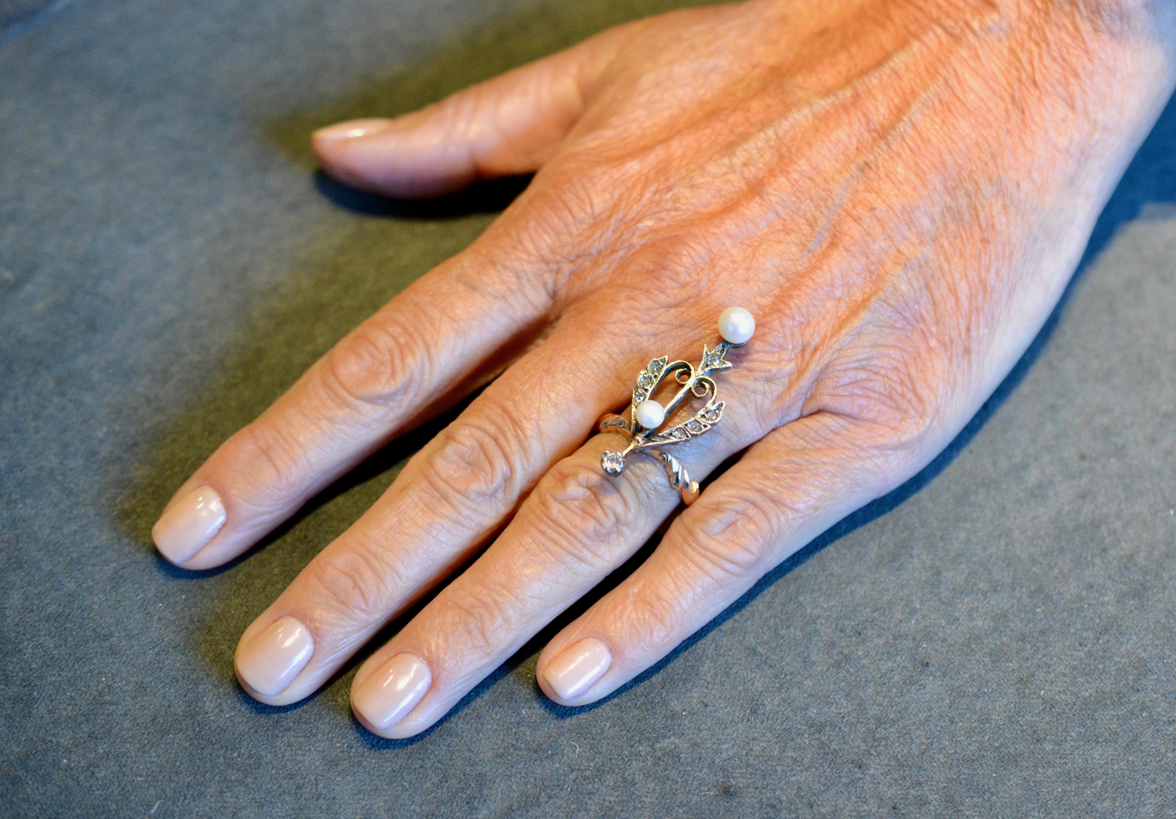 Perlen- und Diamantring (Antiker Kissenschliff) im Angebot