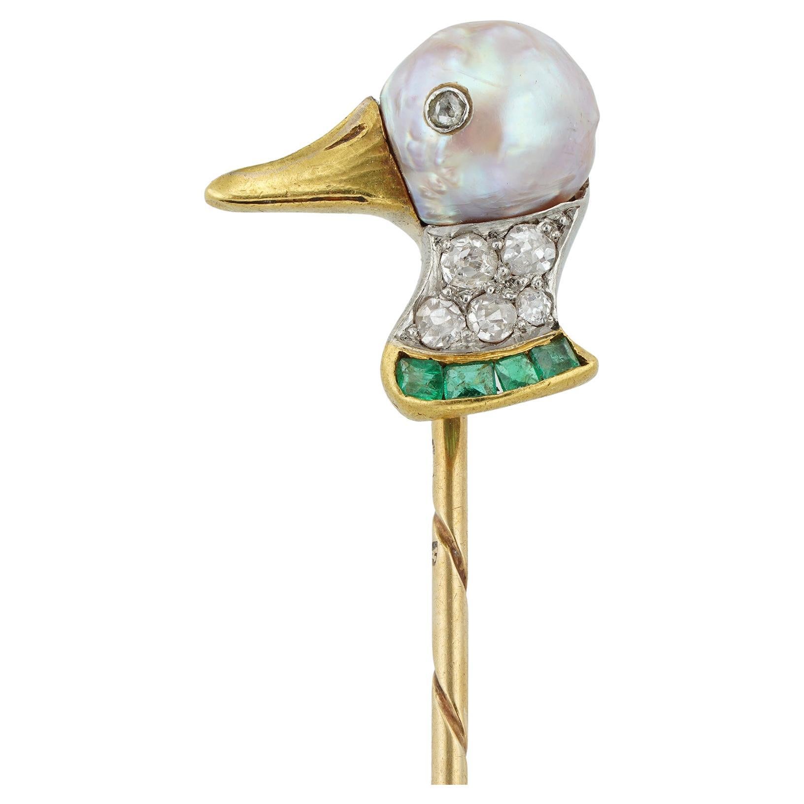 A Pearl, Diamond And Emerald Duck Head Stick-pin For Sale