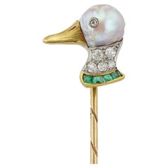 Vintage A Pearl, Diamond And Emerald Duck Head Stick-pin