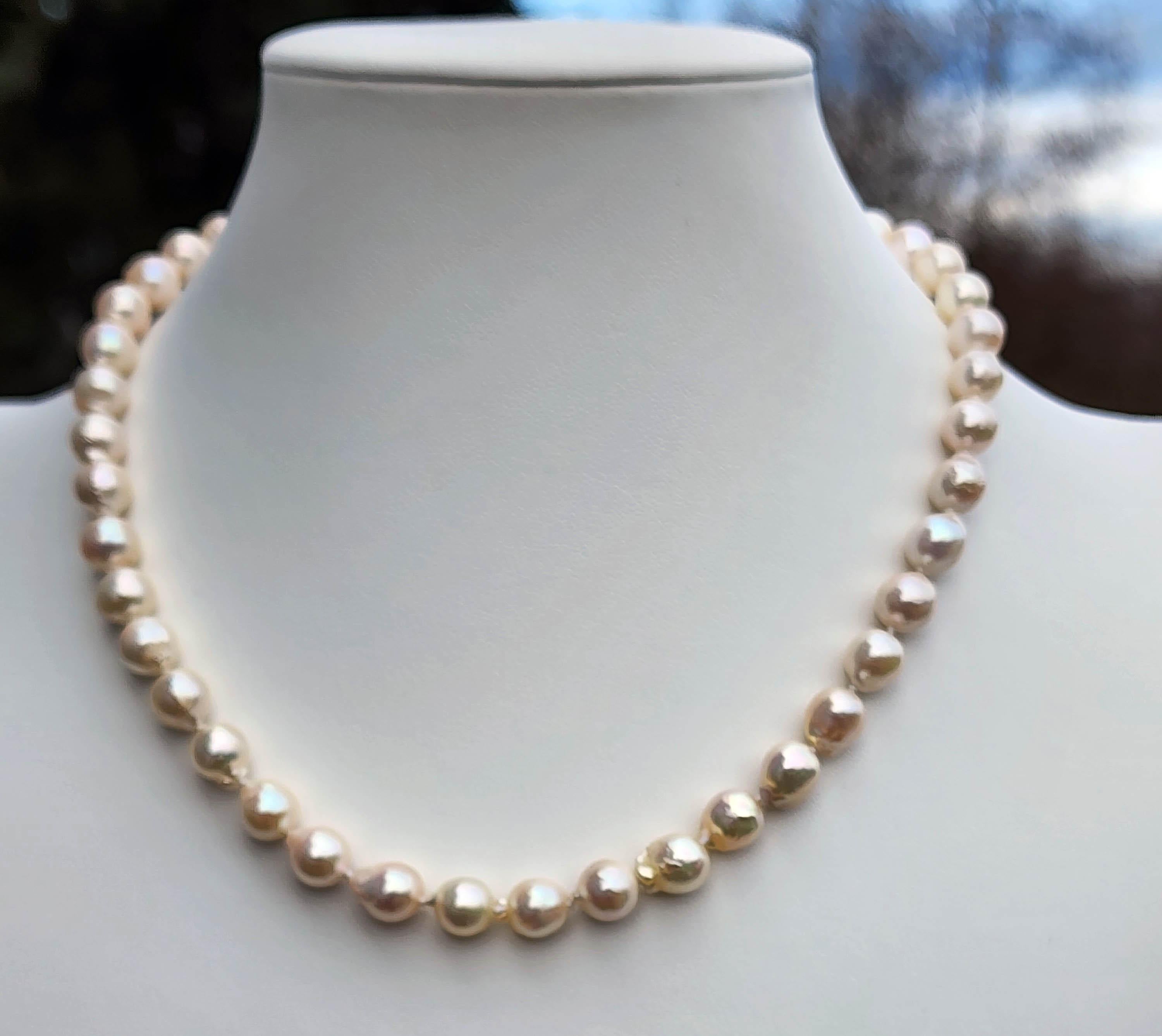 A Pearl Necklace and Bracelet set of Cultured Salt Water Pearls. The Necklace is 16.5 Inches in length, and the pearls are 8.2mm in size. There are 23 Pearls on the necklace. The Bracelet is 6.5 inches in length and the pearls match those of the