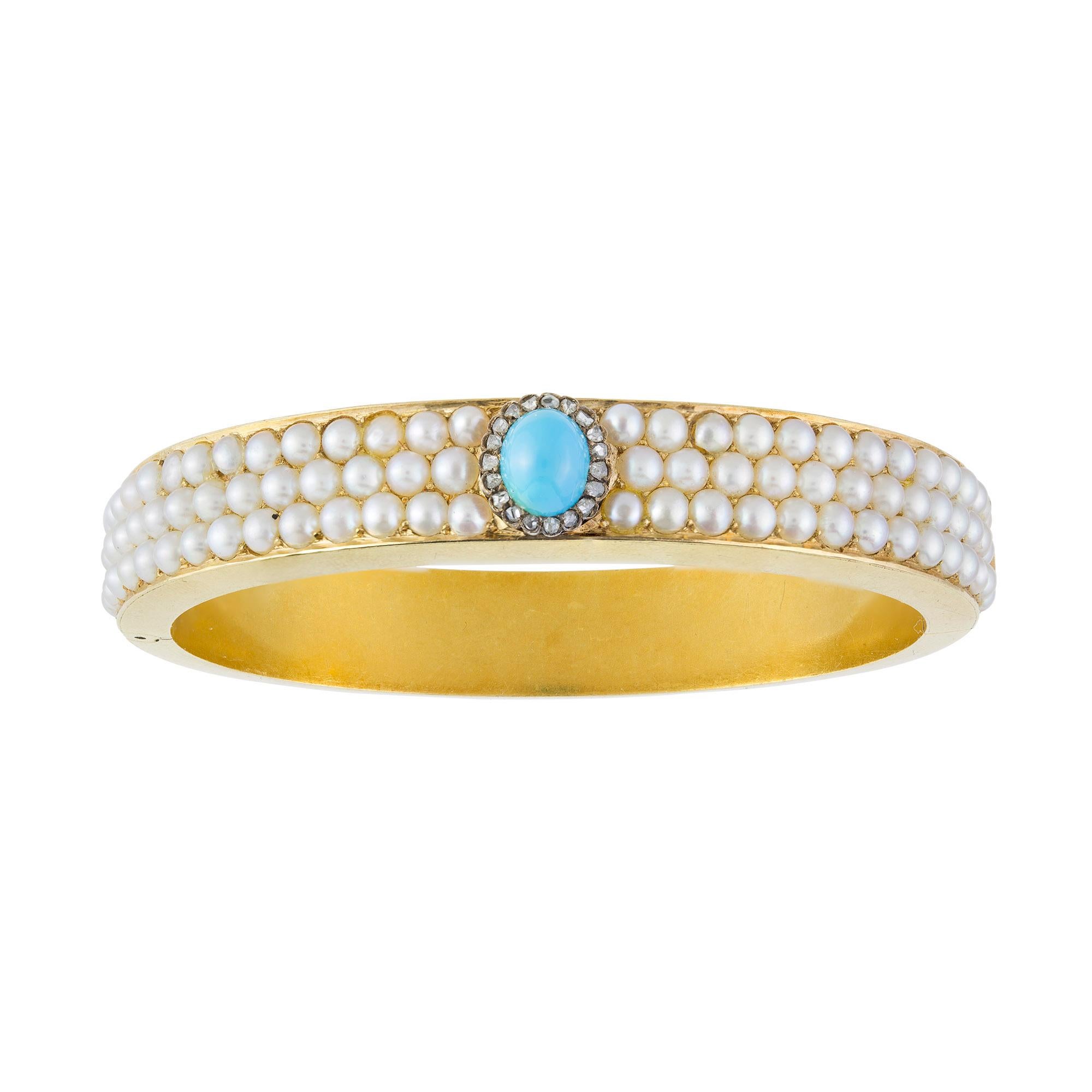 Victorian A Pearl, Turquoise And Diamond Bangle For Sale