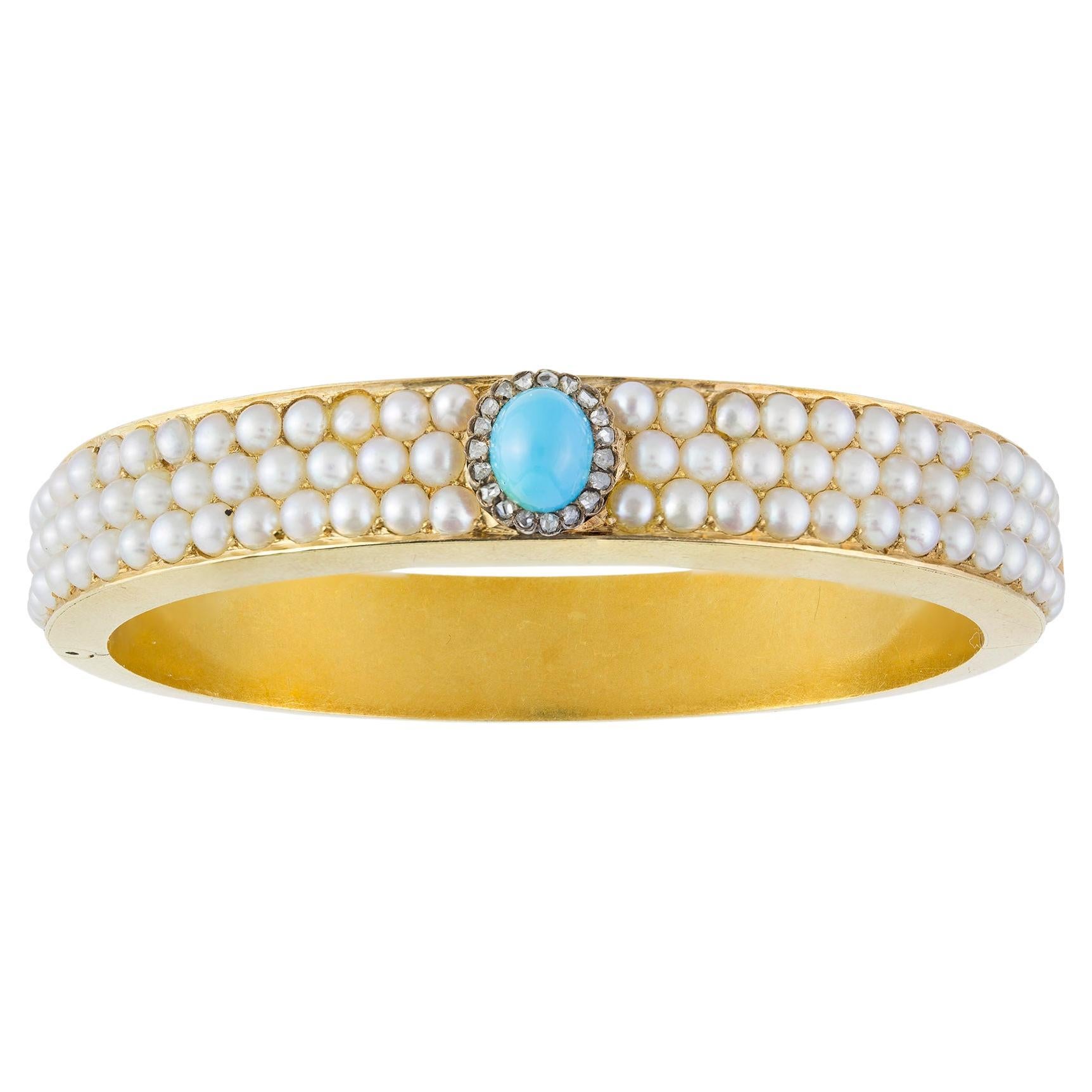 Bracelet jonc en perles, turquoises et diamants