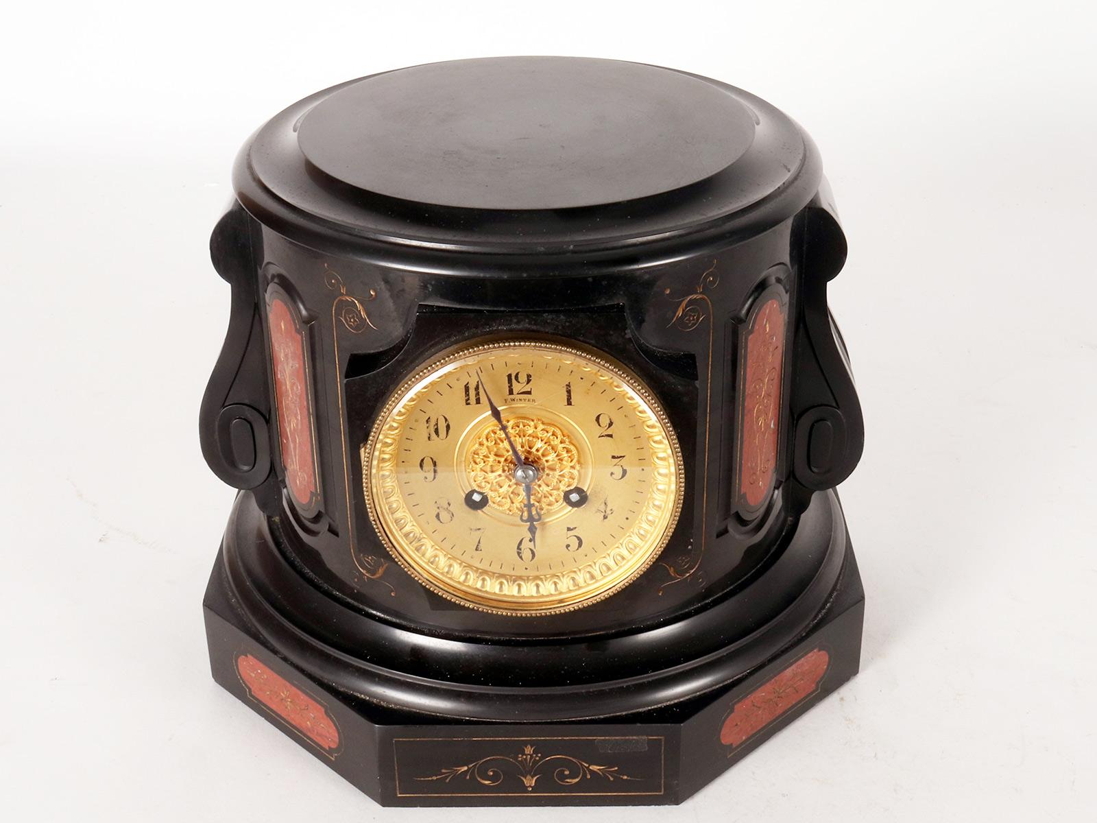 A pedestal in black Belgian marble and red Verona marble with clock, Russia 1890 For Sale 5