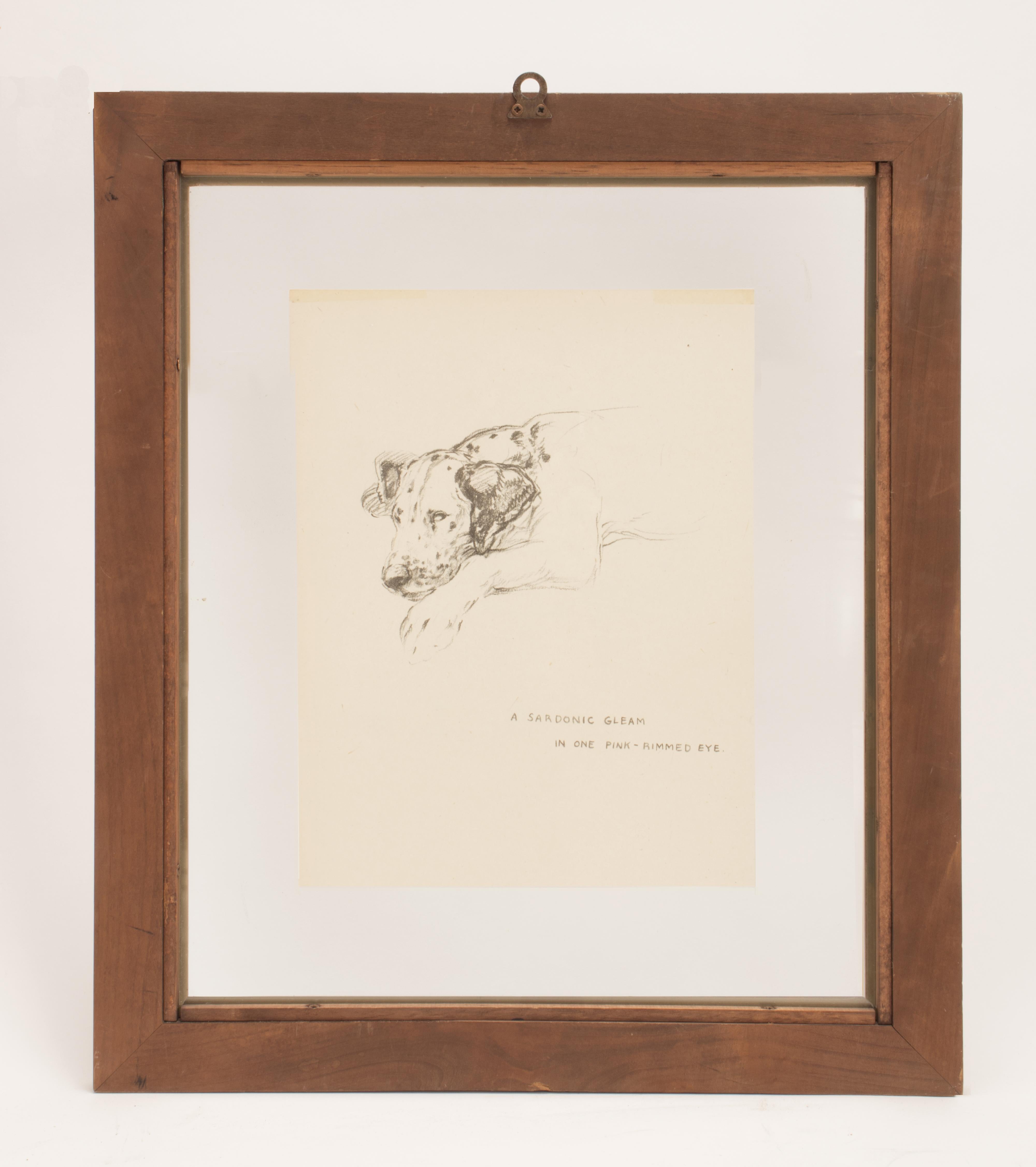 A pencil drawing on paper depicting on both sides the Dalmatian dog lying on an armchair. On the one hand, the egoist, on the other, a sardonic gleam in one pink rimmed eye. Solid cherry wood frame, polished and beeswaxed. USA circa 1940.
