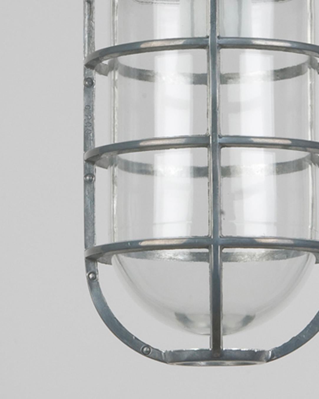 American Aluminum Industrial Cage Pendant with Clear Glass Lens and Nickel Fittings For Sale