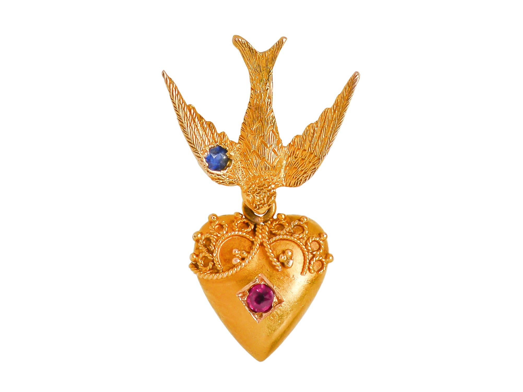 Late Victorian Pendant of a Gem Set Swallow Holding a Heart