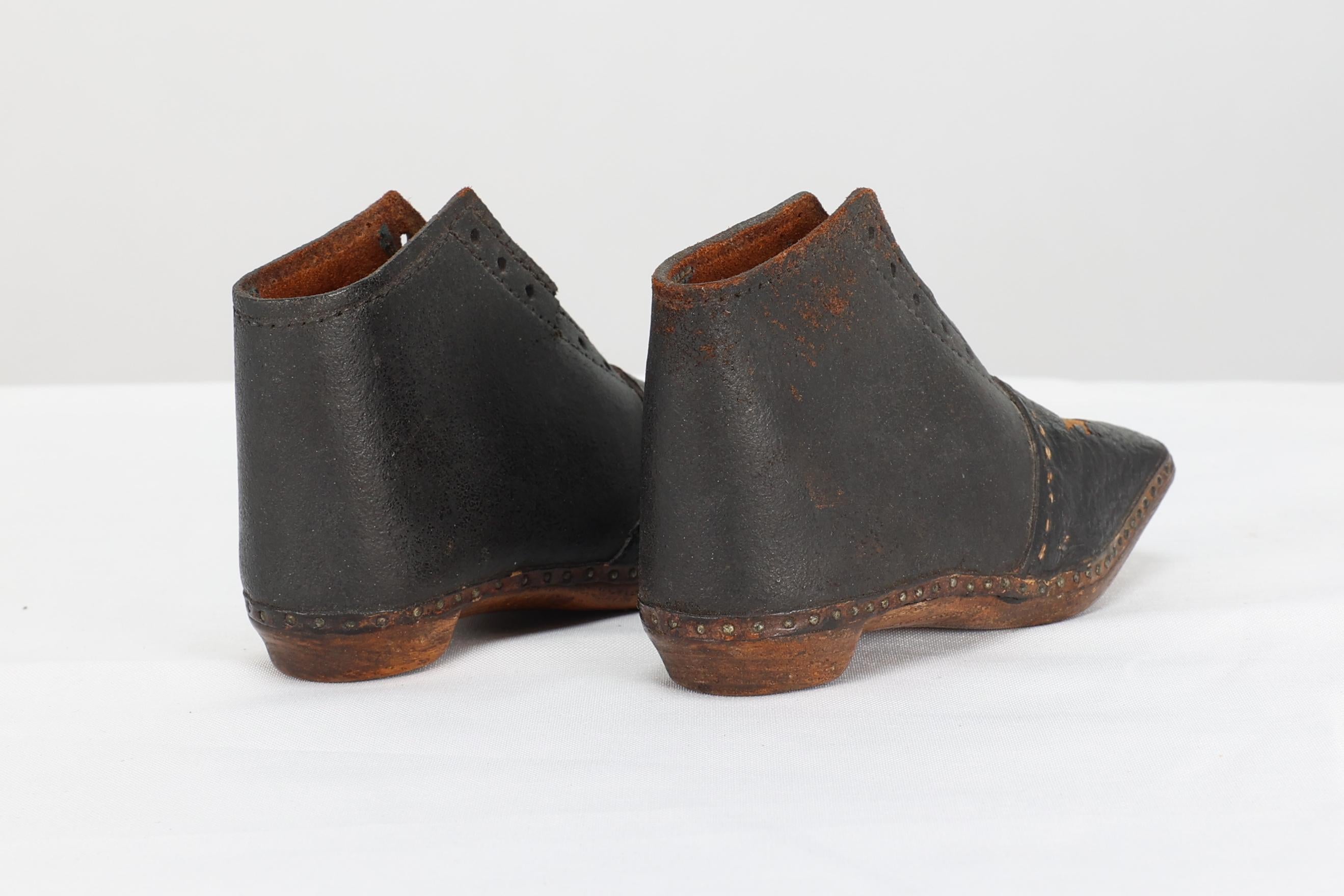 Leather A perfect almost unworn pair of period 19th century hand made leather baby shoes For Sale