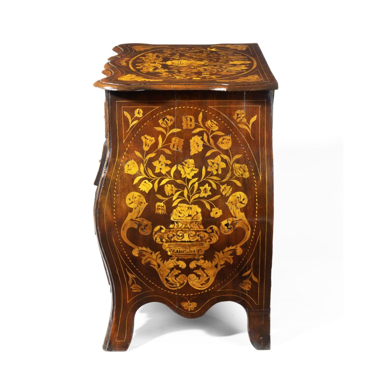 Early 19th Century Period Dutch Mahogany Four-Drawer Bombe Marquetry Commode, 1800 For Sale