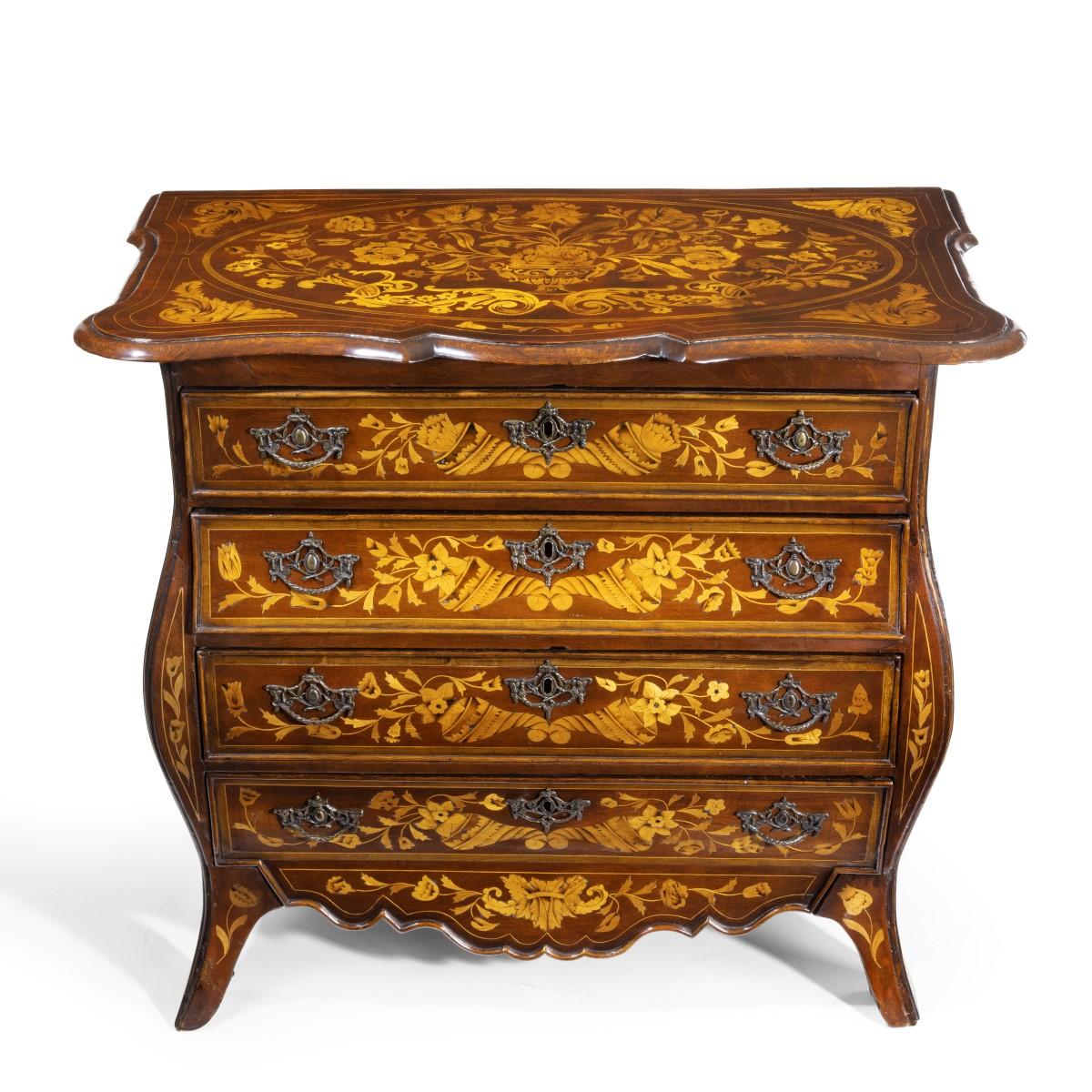 Period Dutch Mahogany Four-Drawer Bombe Marquetry Commode, 1800 For Sale 2