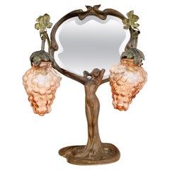 Antique A Period French Art Nouveau Lighted Figural Beveled Vanity Mirror